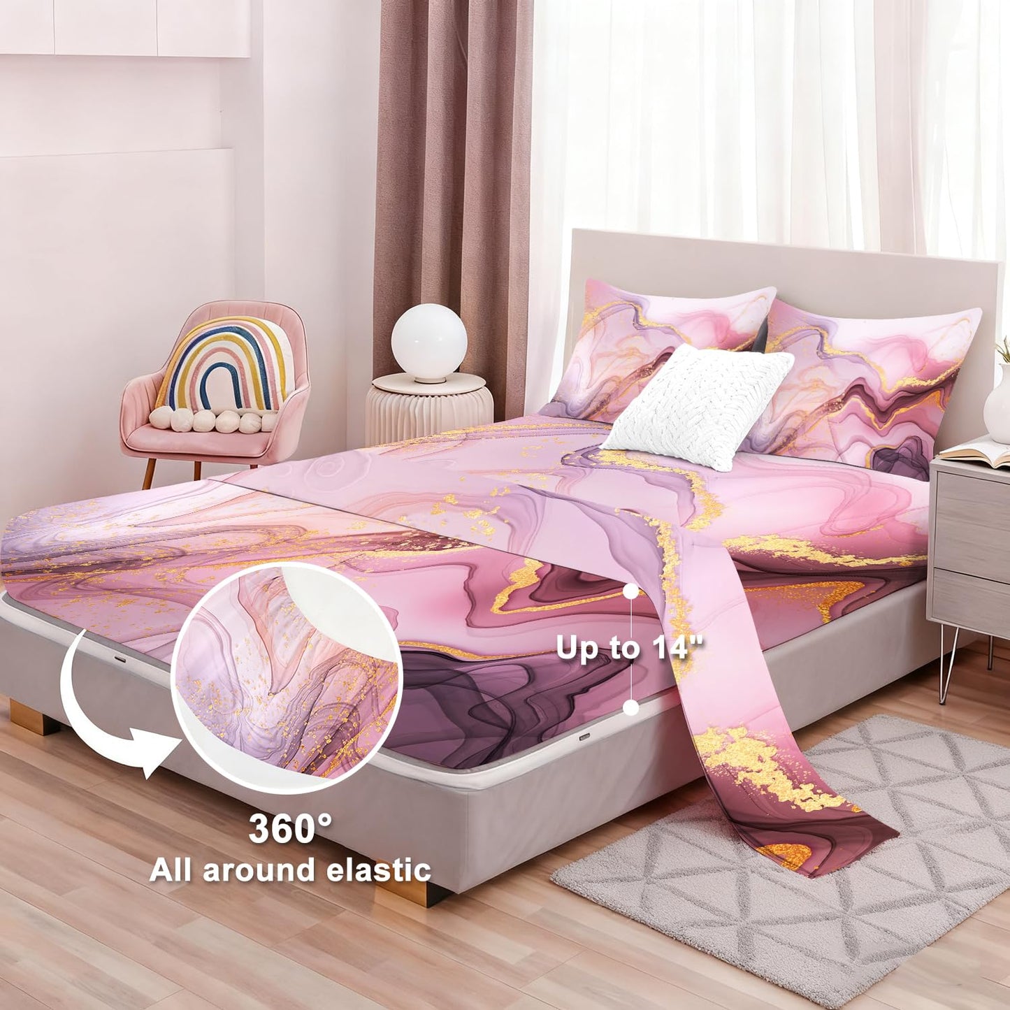 VTKON Pink Marble Sheets Set Twin for Girls Pink and Gold Marble Bedding Set Kids Aesthetic Bed Set with 1 Fitted Sheet 1 Flat Sheet and 1 Pillowcase