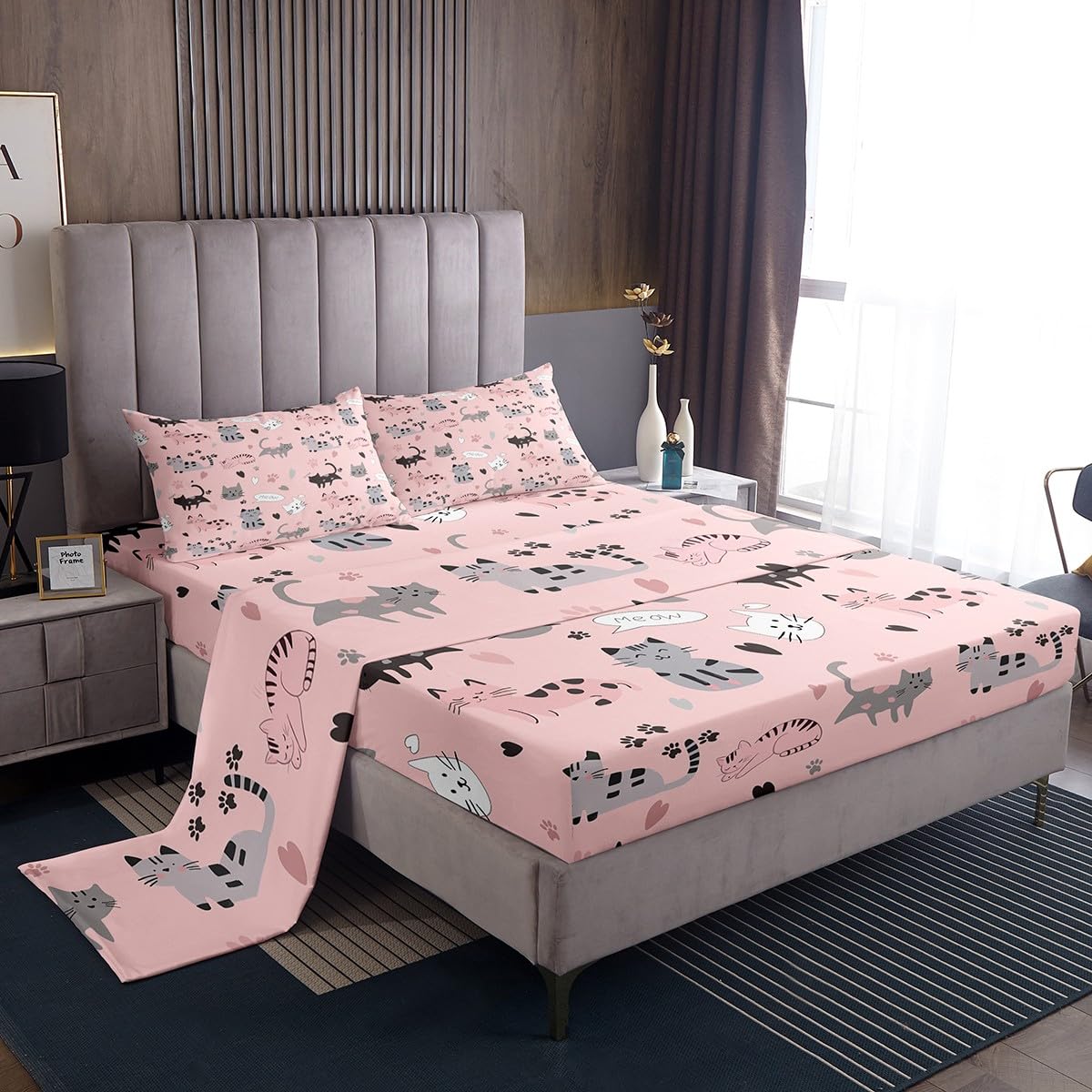 Erosebridal Kawaii Toddler Bed Sheet,Cartoon Cat Sheet Set for Kids Boys Girls Teenager,Kawaii Kitten Paw Print Heart Bed Sets,Queen with 2 Pillowcases