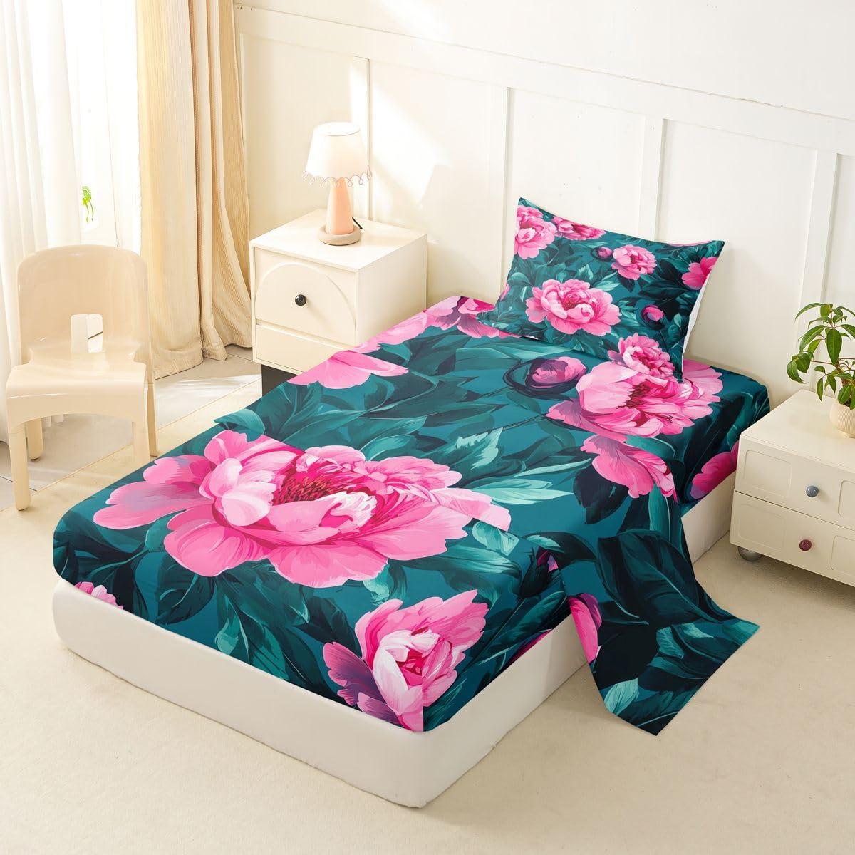 Erosebridal Pink Peony Sheet Set Vintage Bohemian Flowers Twin Sheets Set for Children Boys,Oil Painting Floral Leaves Country Flower Rustic Fitted Sheet