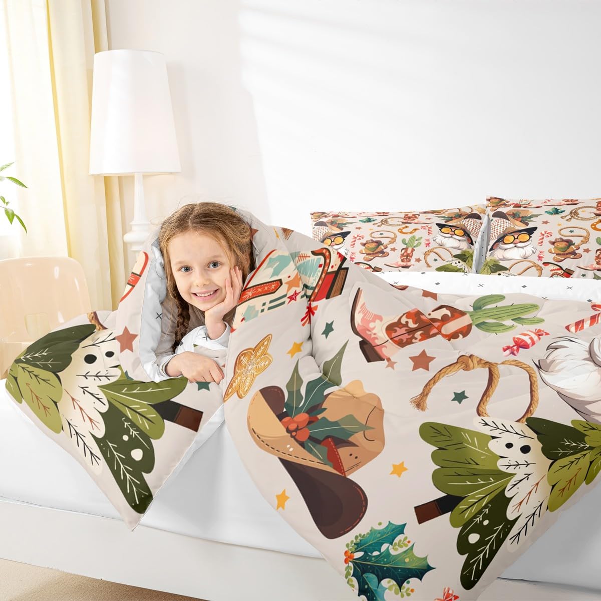 Feelyou Western Kids Comforter Set Full Size Merry Christmas Bedding Set Cowgirl Floral Duvet Quilt for Kids Boys Girls Bedroom Western Cowboy Boots Decor Wild West Cactus Flower Ultra Soft Breathable