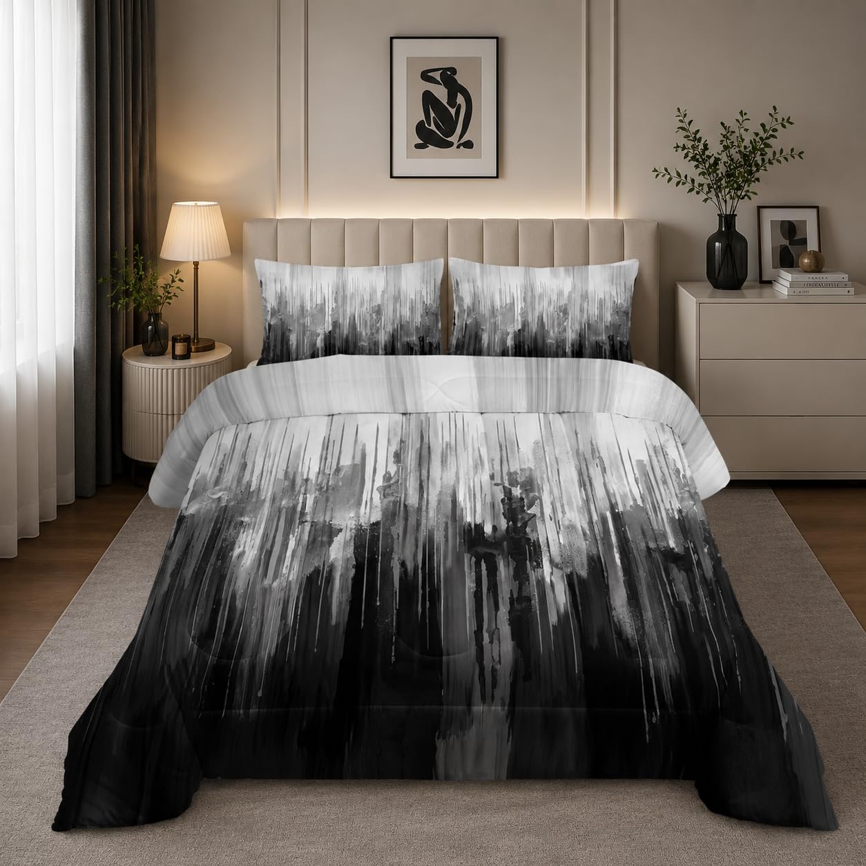 Nttopship Grey Black White Gradient Print Comforter Set Queen Size,Abstract Art Bedding Set,Patchwork Printed Quilted Set for Teens Adult,with 1 Comforter and 2 Pillow Case