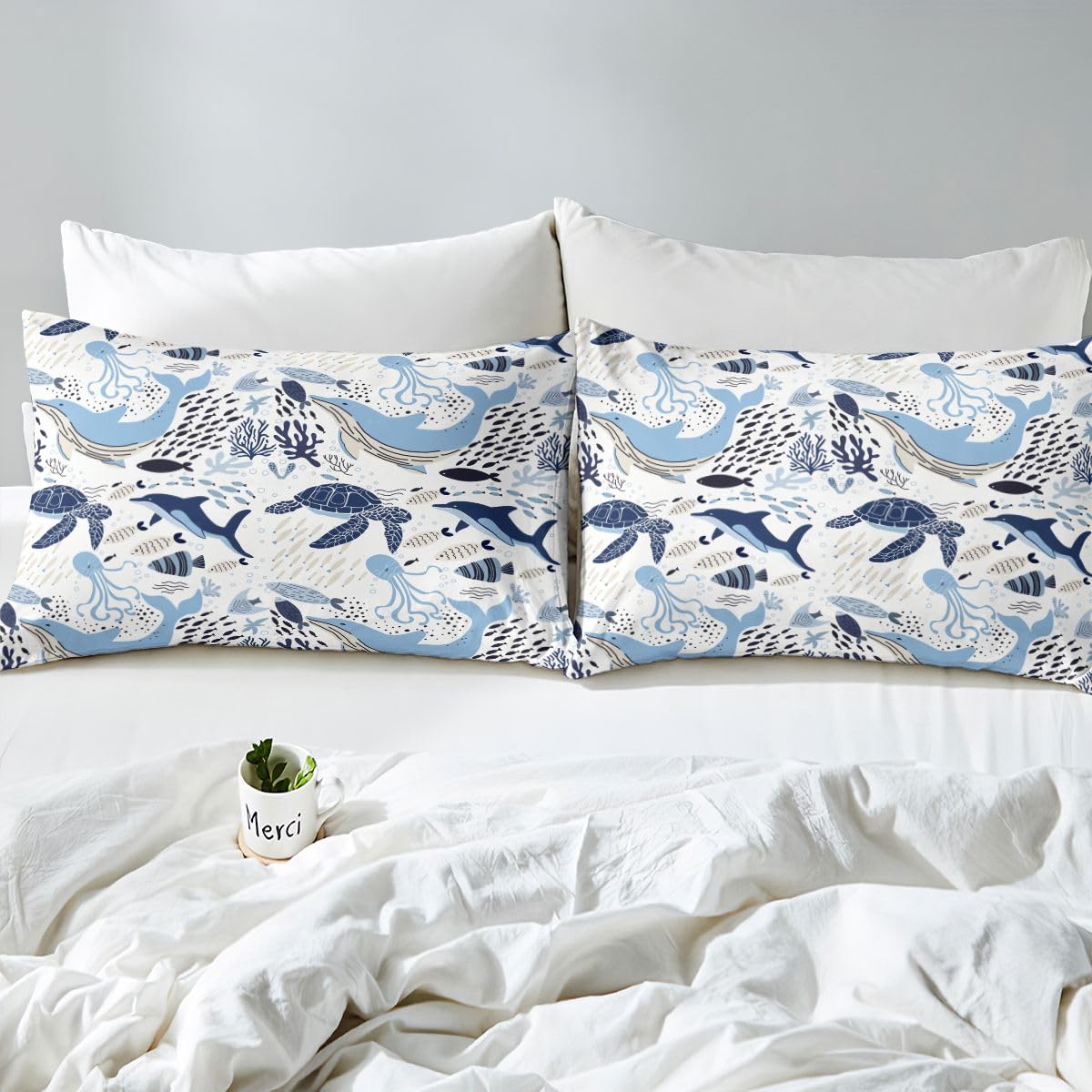 Erosebridal Turtle Bedding Sets King White Blue Whale Decor Teen Duvet Cover Set,Octopus Pattern Ocean Theme Comforter Cover Set Underwater Children Comforter Cover for Adult Kids Girls Boys