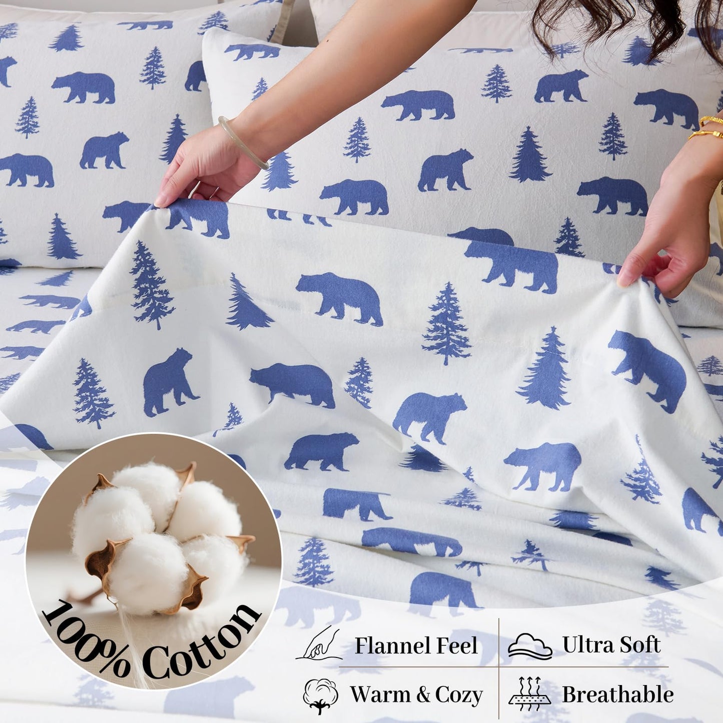 LANYETON 100% Cotton Flannel Sheets, Ultra Soft Cozy Warm Bed Sheets Set for All Season, 16" Deep Pocket, 3PC, Twin