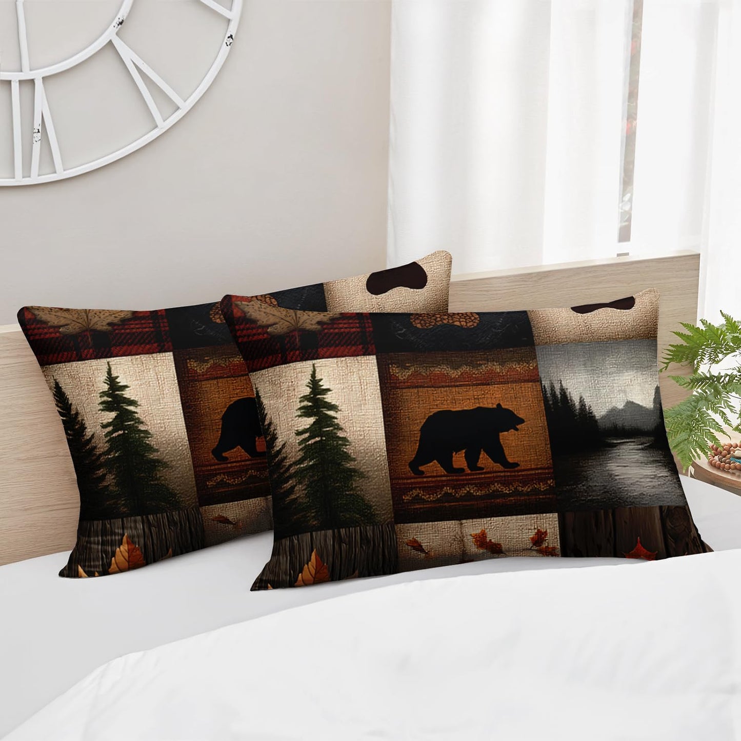 HOSIMA Twin Bedding Sets,Bear Maple Leaf Pine Tree Pattern Forest Rustic Fitted Sheet for Hunting Room Decor,Brown Plaid Patchwork Bedding for Adults Room Decor,1 Fitted Sheet+2 Pillowcases.