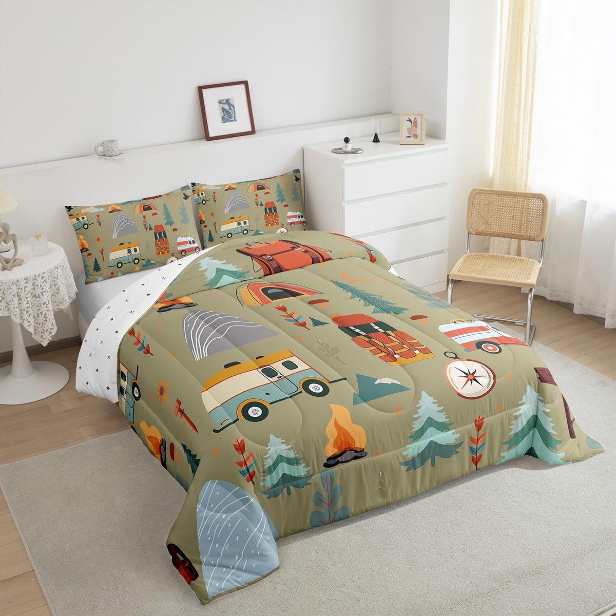 Feelyou Happy Camping Comforter Set for Kids Boys Girls Full Size Outdoor Themed Bedding Set Soft Travel Bag Tent Print Duvet Quilt Travel Trailers Comforter Camping Gifts Duvet Quilt