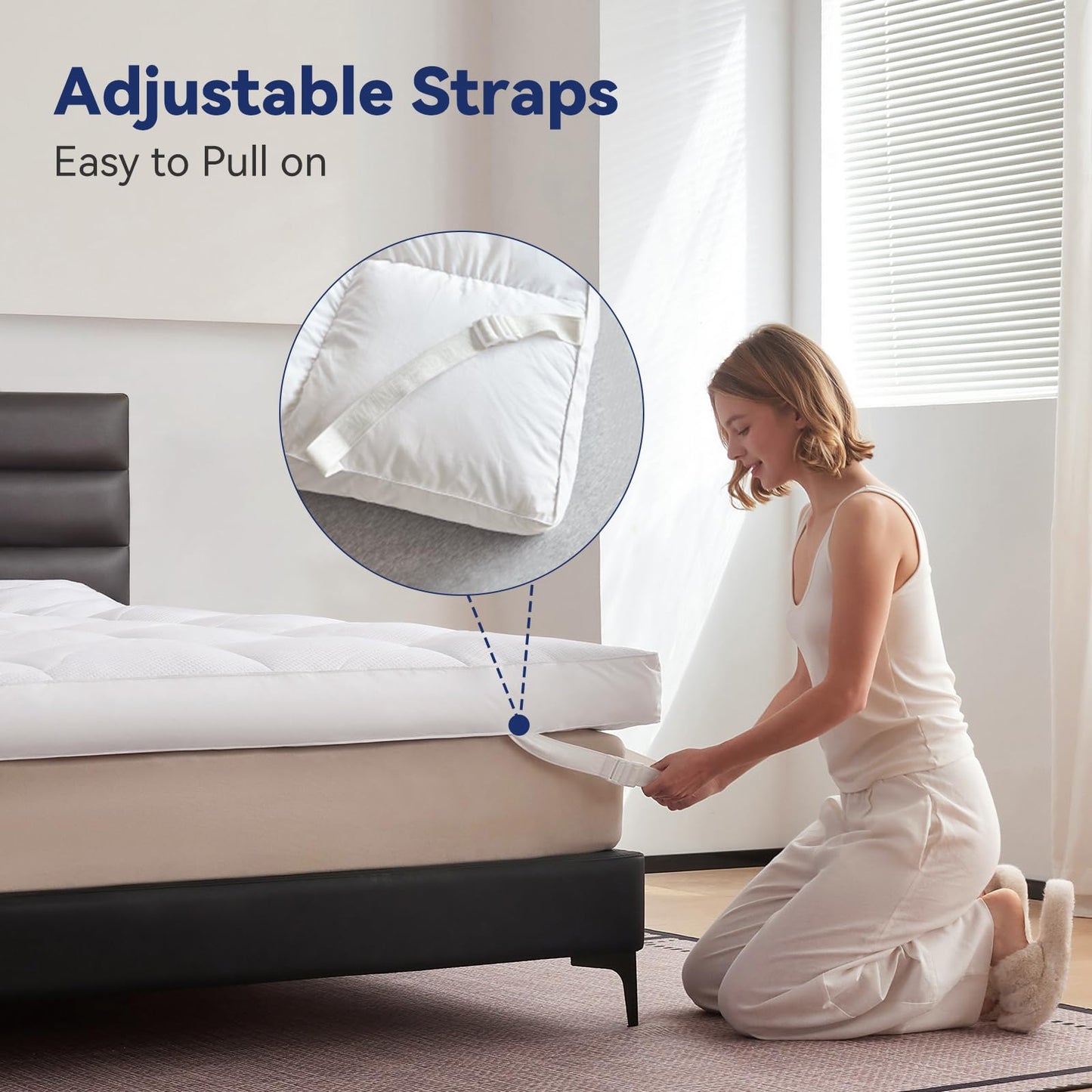 LeWinBedding Dual Layer 5 Inch Goose Feather Mattress Topper Full Size, 4 Inch Goose Feather Plus 1 Inch Down Alternative Pillow Top, Medium Firm Featherbed with Adjustable Straps(54"x75", Wavy)