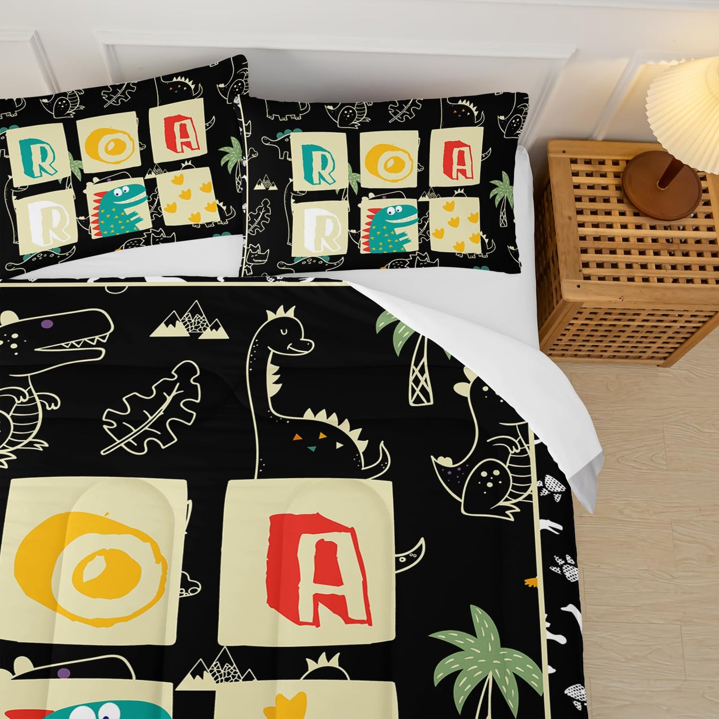 lneffble Kids Dinosaur Comforter Set Twin Size for Boys，Black Twin Size Dinosaur Bedding Sets for Boys with 1 Comforter with 2 Pillow Case