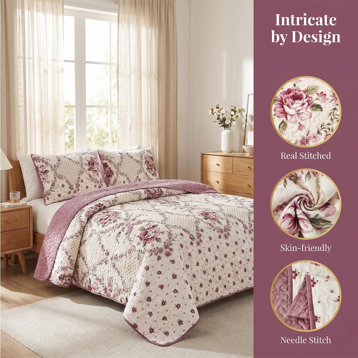 Boho Purple Rose Floral Quilt Set King Size, 3 Piece Lightweight Summer Bedding Set with 2 Pillow Shams, Soft Reversible Microfiber Bedspread, Farmhouse Coverlet for All Season (Purple Rose, King)