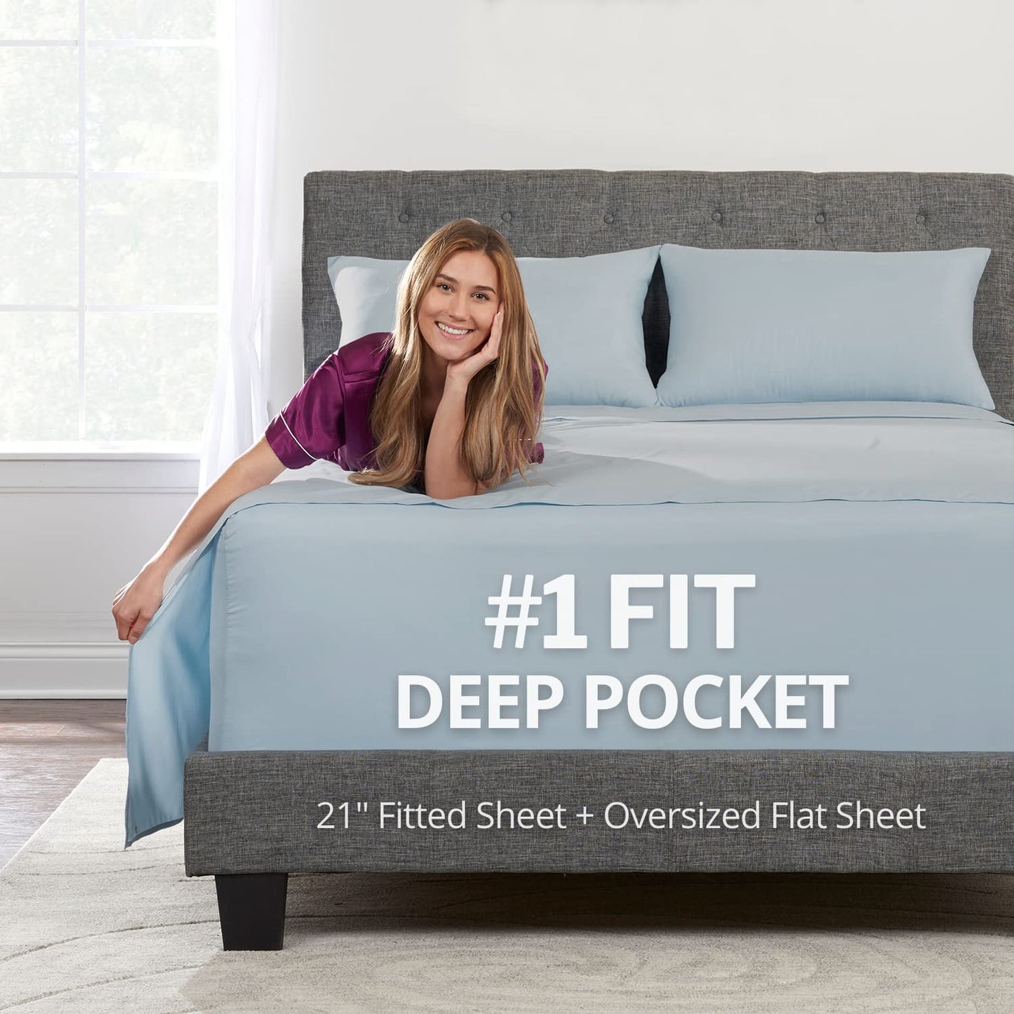 Extra Deep Pocket King Bed-Sheets – 4-Piece Includes: 18”-21” Inch Super Extra Deep Pocket Fitted Sheet – Oversize Flat Sheet – 2 Zipper Closure Pillowcases – Perfectly Fit – King Size – Light Blue