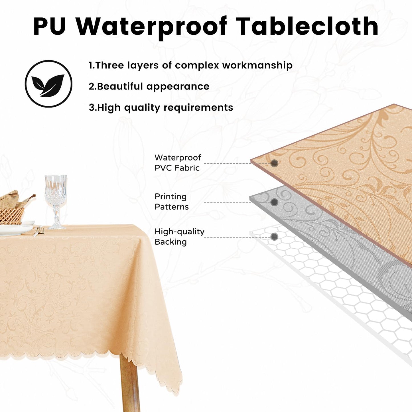Qubjus Rectangle Jacquard Tablecloth High Weight Heavy Waterproof oilproof with Lace Table Cover for Dining Table, 60x104 Inch, Gold