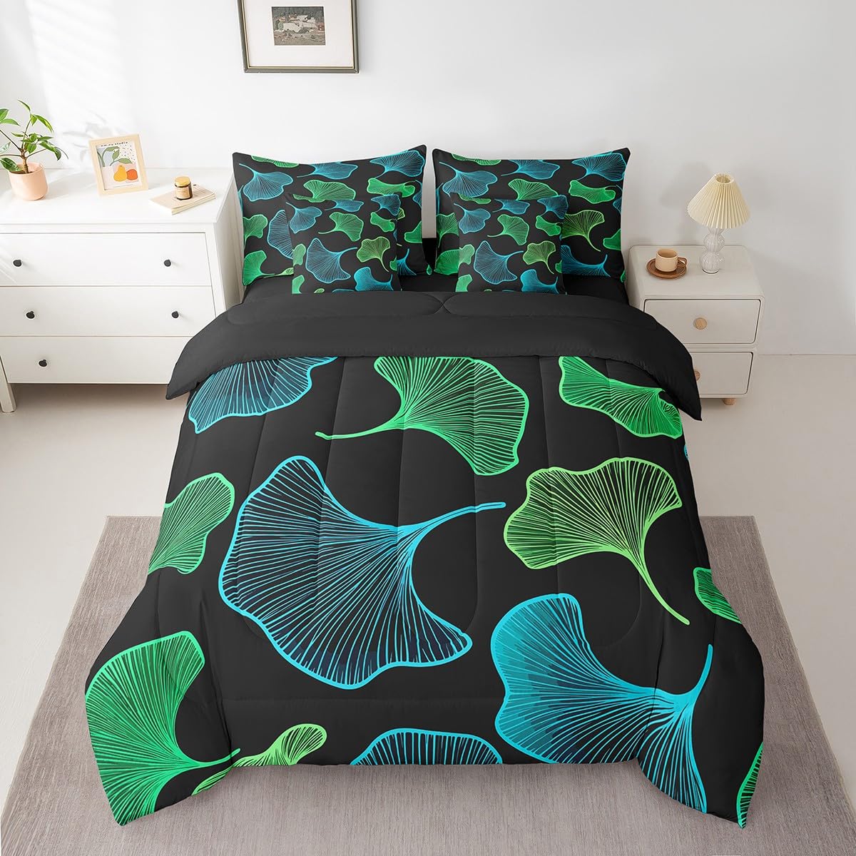 Erosebridal Ginkgo Leaves Comforter Set 7 Piece Bed in a Bag Twin,Teal Green Ginkgo Biloba Leaf Bedding Sets Botanical Sheet Set with Comforter,Jungle Plant Ginkgo Folium Bed Set
