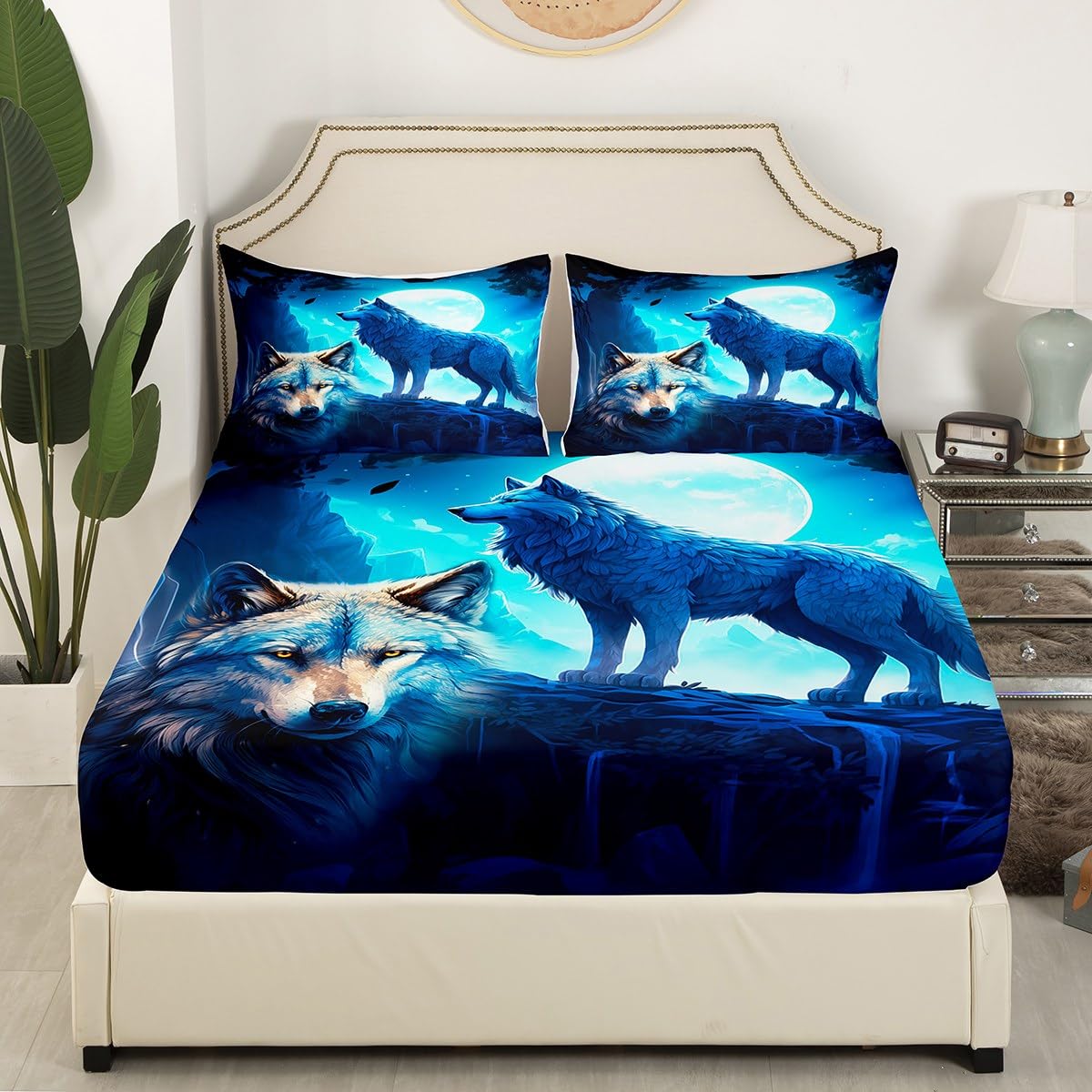 Wild Wolf Fitted Sheet Queen Size,Moon Night Scenery Bedding Set 3Pcs for Kids Teens Boys Adult Bedroom Decor,Nature Animals Bed Sheet Mountain and Tree Silhouette Deep Pocket Sheet,2 Pillowcases