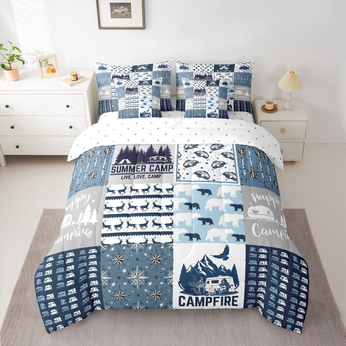 Erosebridal Happy Camping 7 Piece Bedding Set Full Camper Comforter Set with Sheets Rustic Farmhouse Style Bed in A Bag Camping Car Bed Sets with 2 Pillowcases, 2 Throw Pillow Covers