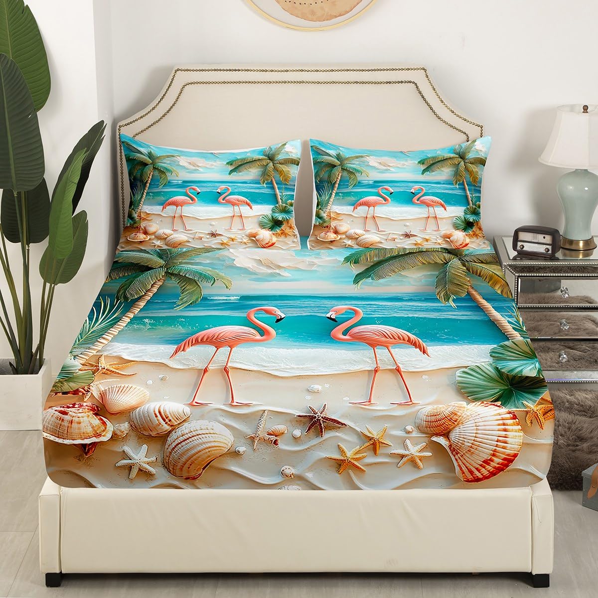 jejeloiu Hawaiian Beach Fitted Sheet Full Size Kids Palm Leaf Tropical Flamingo Bed Sheets Set for Boys Girls Teens Summer Sea Ocean Wave Starfish Seashell Conch Bedding Set Room Decor