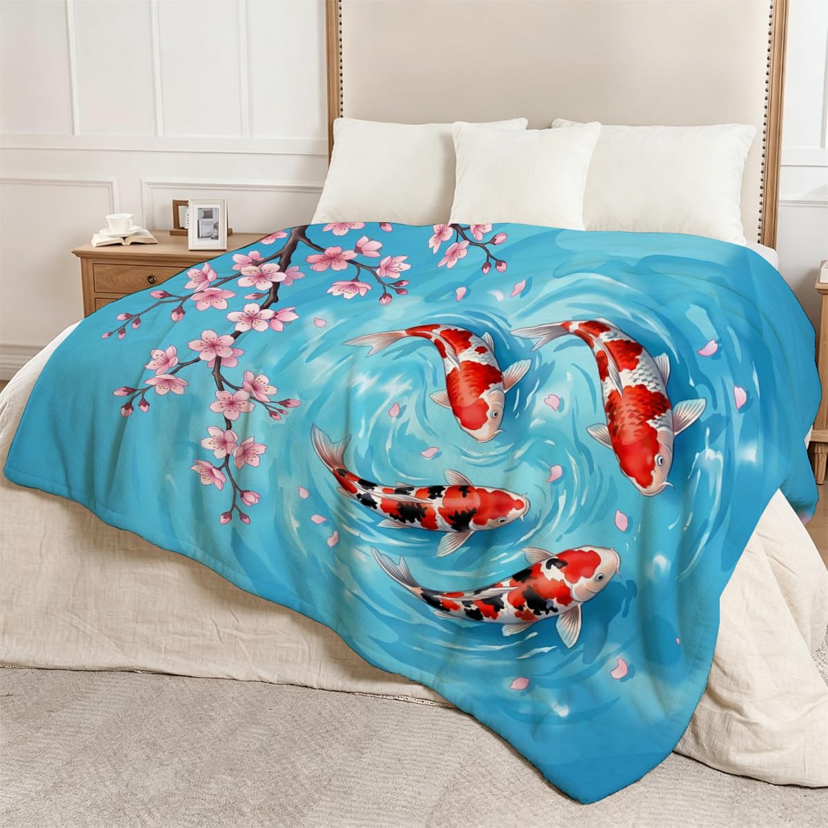 Yujiiso Koi Fish Cherry Blossom Blanket Soft Flannel Fleece Throw 50" x 60"