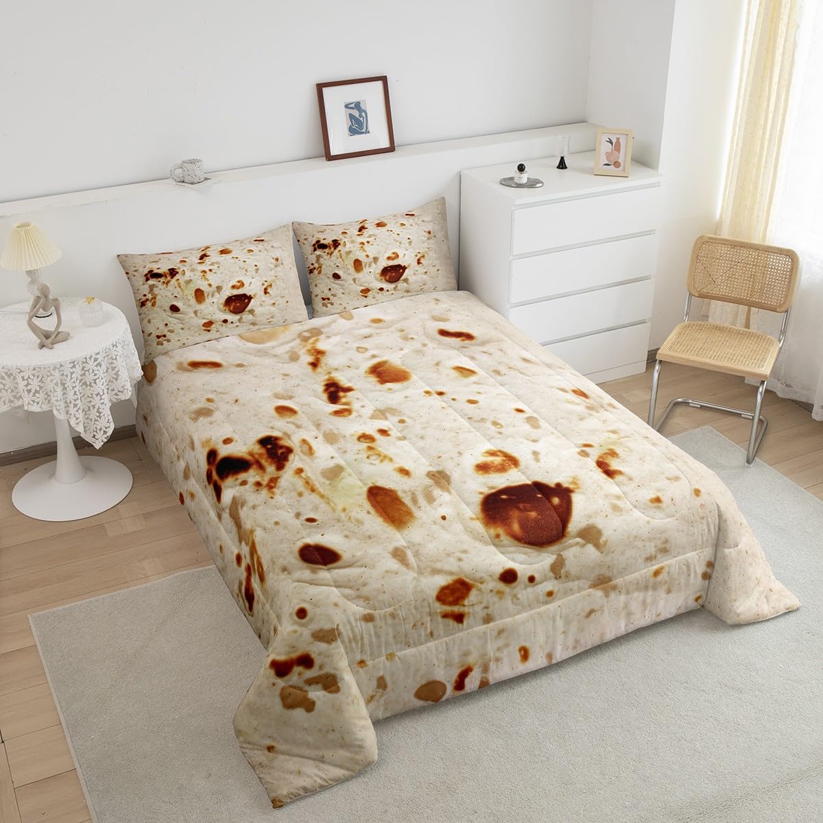Feelyou Burritos Tortilla Bedding Set for Adult and Kids Ultra Soft Giant Funny Realistic Food Comforter Set Set Breathable Novelty Soft Flannel Taco Comforter Twin Size Quilted