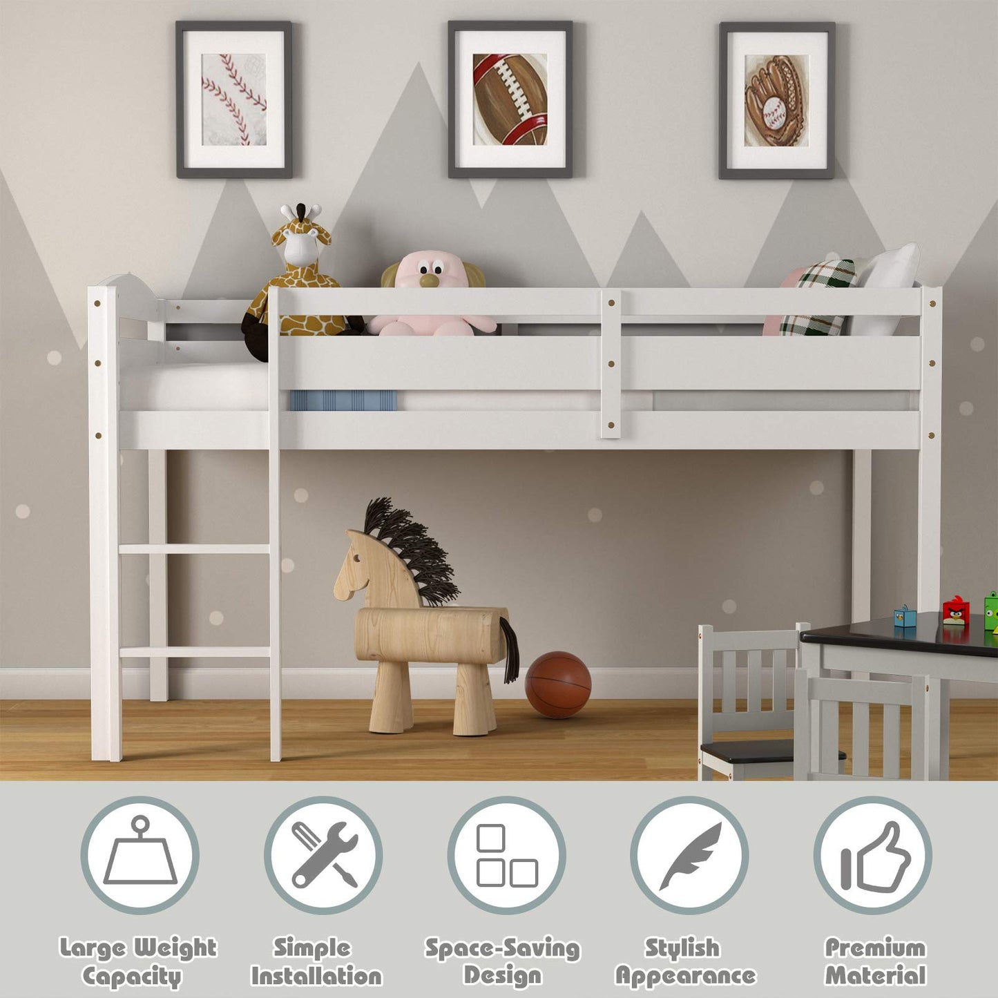 Costzon Twin Loft Bed, Solid Wood Low Loft Bed w/Guard Rail and Ladder, Boys & Girls Twin Bed for Kids Room, No Box Spring Needed, Classic Children Low Loft Bed with Storage for Bedroom, White