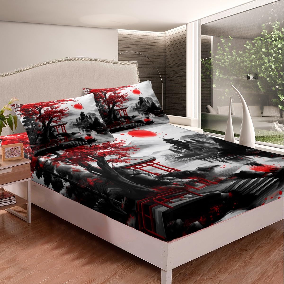 Feelyou Japanese Style Bedding Sheets Full Cherry Blossom Bed Sheet Set for Adult Kids Watercolor Fitted Sheet Natural Landscape Bed Cover 3Pcs,1 Fitted Sheet+2 Pillow Sham（No Flat Sheet）