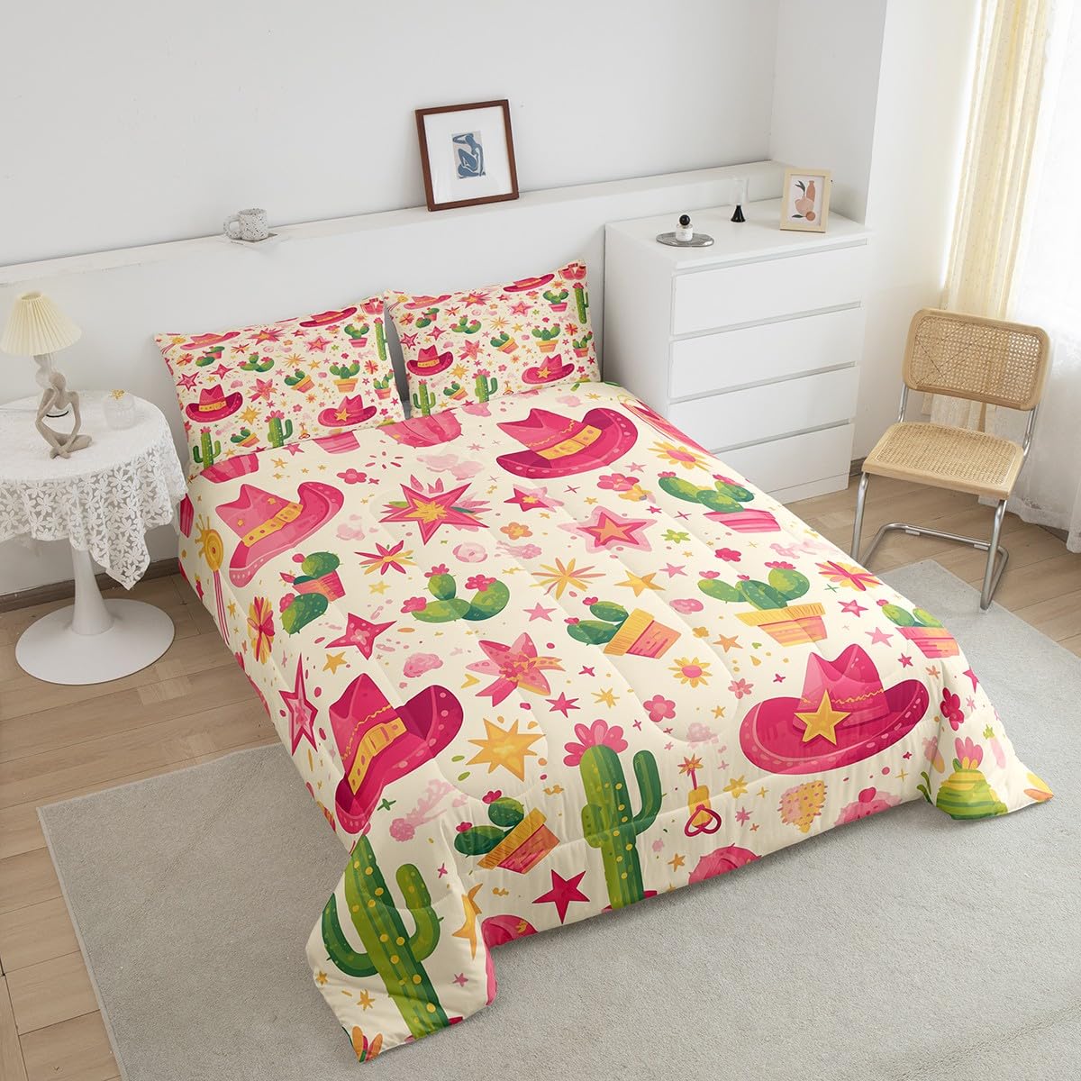 jejeloiu Girls Pink Western Decor Comforter Set Wild West Cowgirl Hat Boots Bedding Set Full Size for Kids Boys Teens Rodeo Cowgirl Style Comforter Grunge Design Duvet Set with 2 Pillow Case