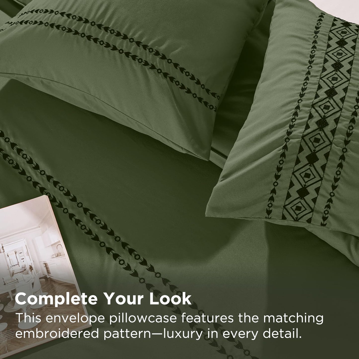 Baskbed Embroidered Boho Comforter Set Queen Size, 3-Piece Western Shabby Chic Bedding Set - Fluffy Ultra Soft Microfiber with Intricate Design, Includes 1 Green Comforter(88"x88") & 2 Pillowcases