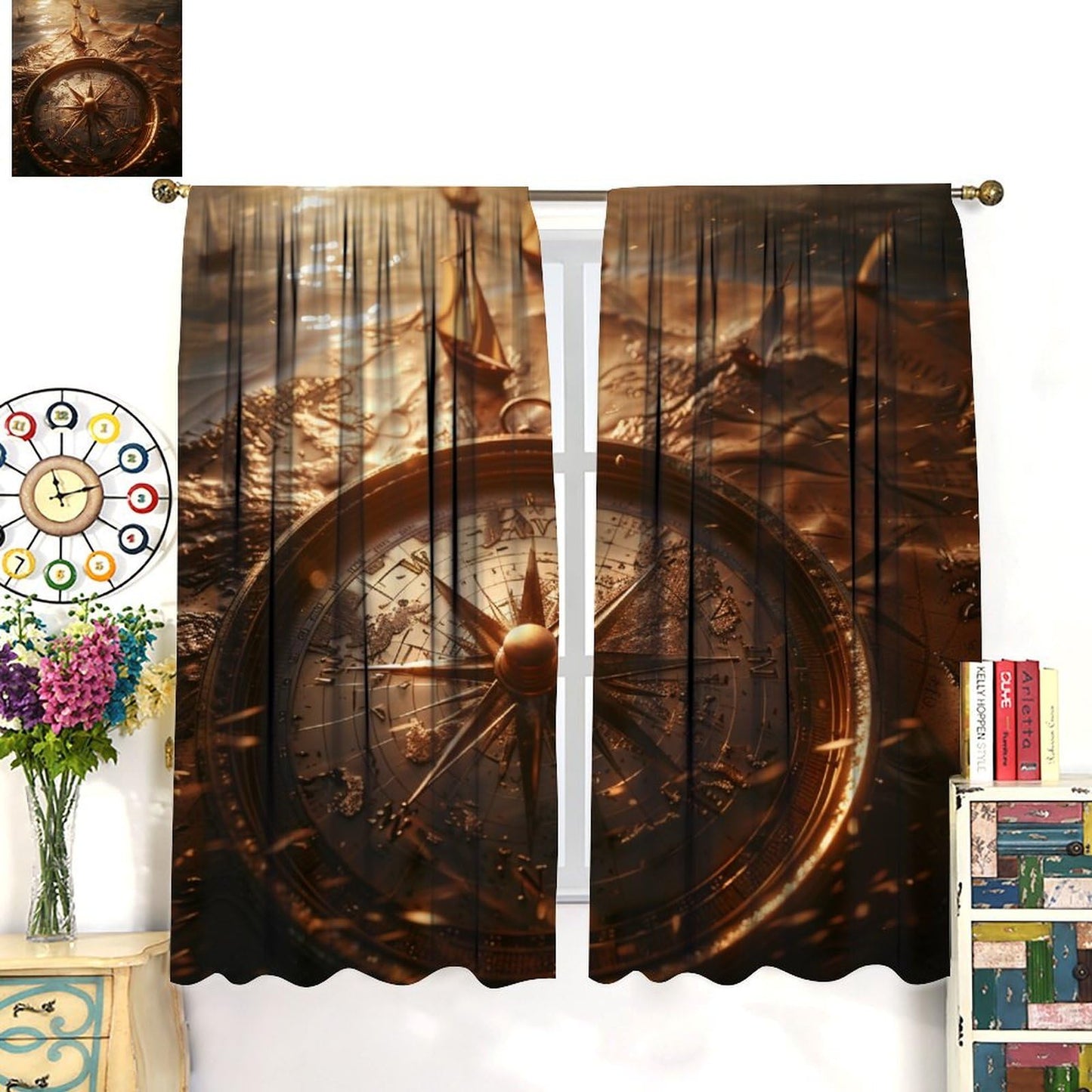 TOWINSFB Medieval Antique Compass Blackout Curtains for Bedroom Living Room, Vintage Nautical Sailboat Thermal Insulated Curtains Rod Pocket Window Drapes, 2 Panels/Each 21" W x 45" L