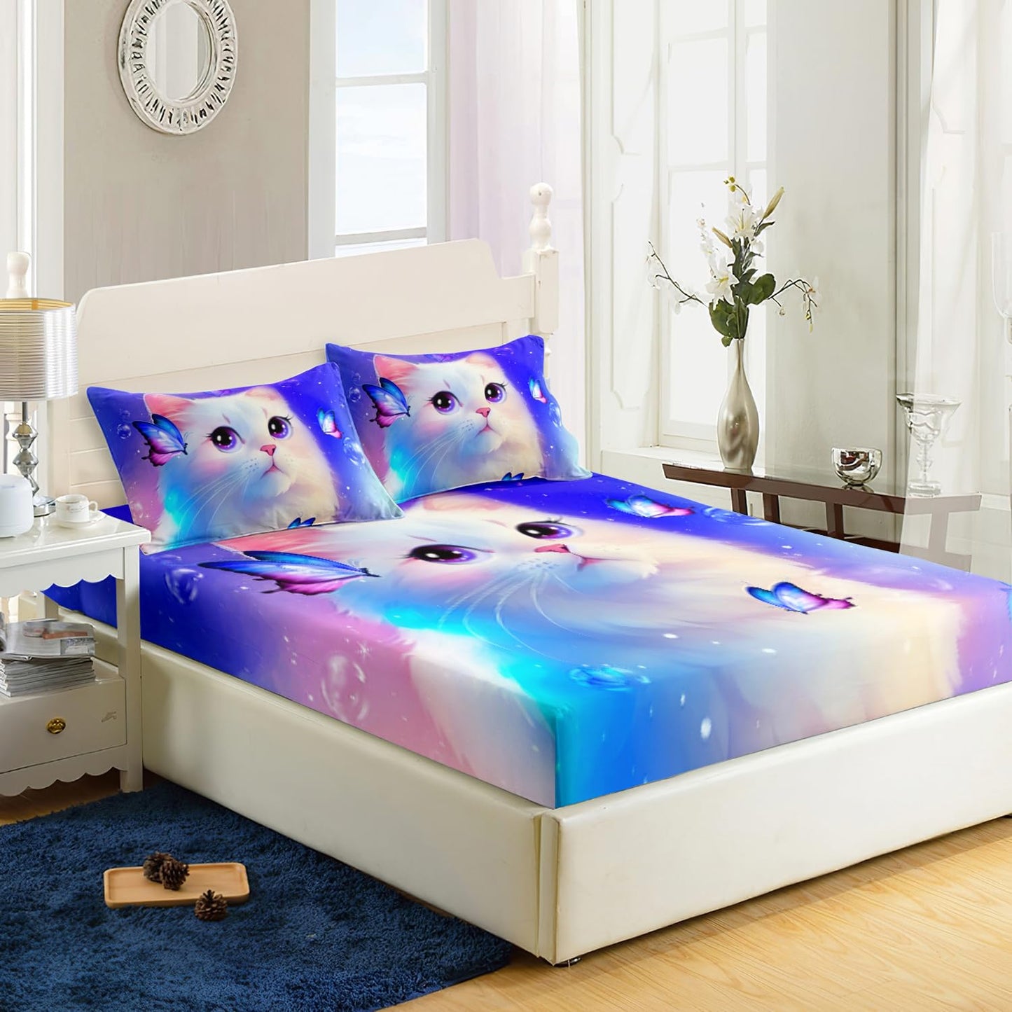 AILONEN Furry Cat Bed Sheet Twin Size, Cat & Butterflies Sheets for Kids Girls Animals Theme Dreamy Purple Bedding Set 3 Pieces Set, 1 Fitted Sheet and 2 Pillowcases
