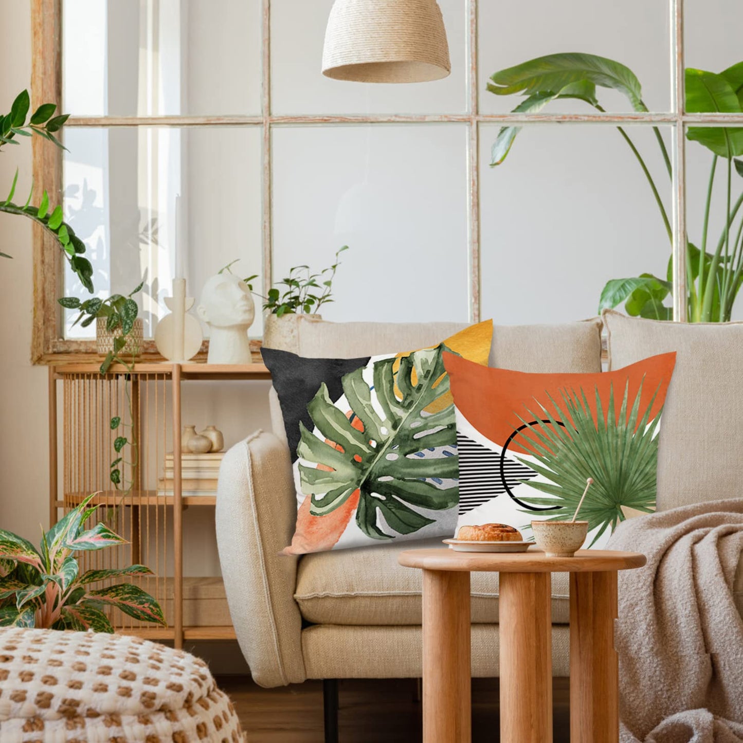 Jartinle Mid Century Modern Tropical Leaves Throw Pillow Covers 18x18 Boho Abstract Art Botanical Plant Nature Pillow Covers Set of 4 Geometric Minimalist for Couch Outdoor Decor …