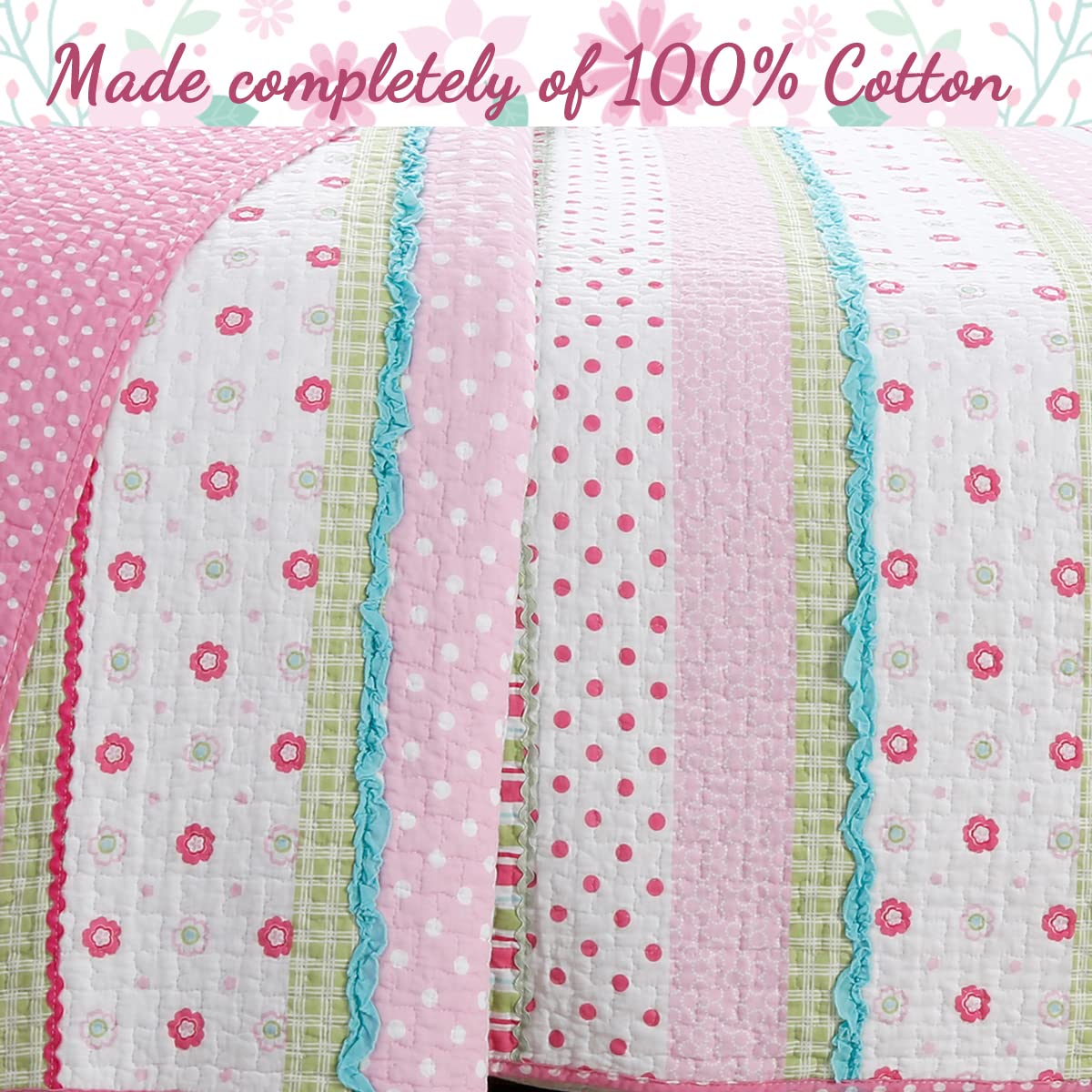 Cozy Line Home Fashions Pink Polka Dot Flower Girl 100% Cotton Reversible Quilt Bedding Set, Coverlet, Bedspread (Greta Pastel, Twin - 2 Piece: 1 Quilt + 1 Sham)
