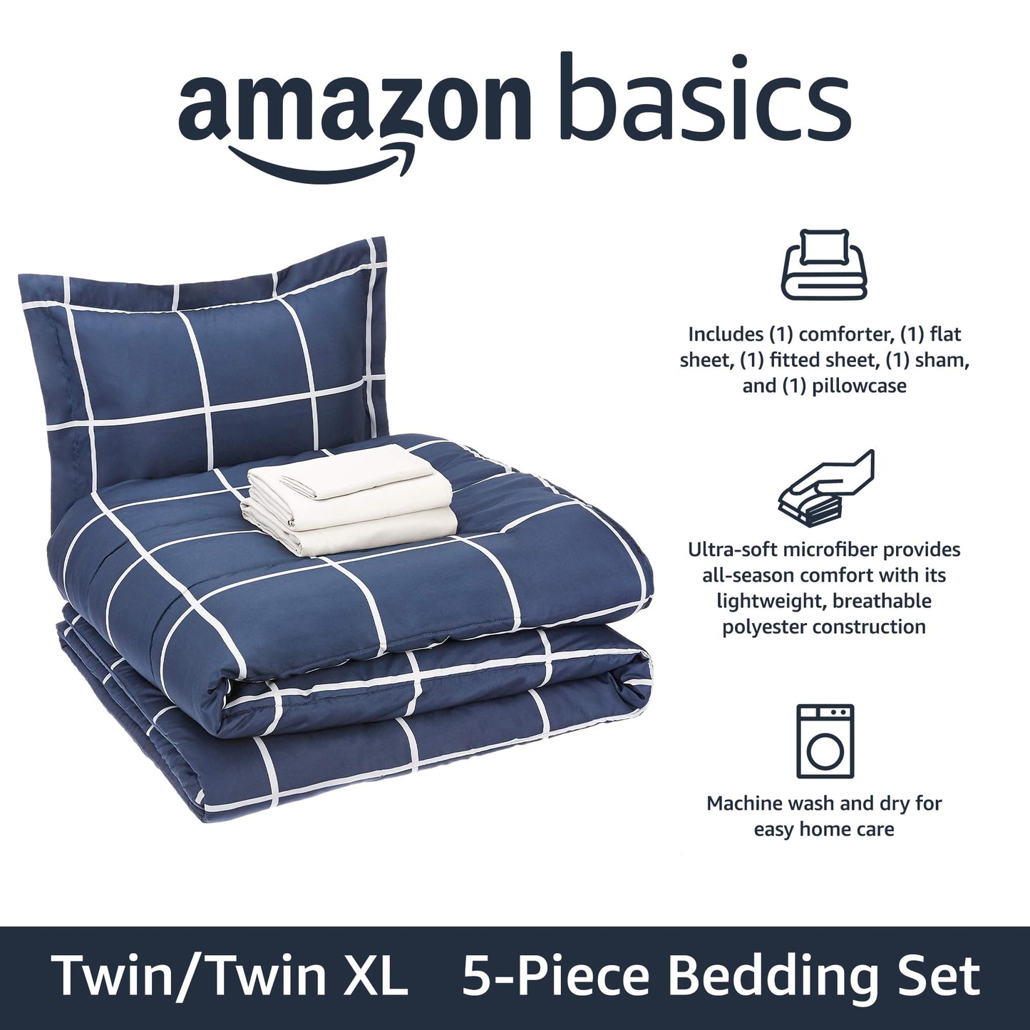 Amazon Basics 5-Piece Lightweight Microfiber Comforter Set with Sheets, Bed-in-a-Bag, Navy with Grey Plaid Bedding, Twin/Twin XL