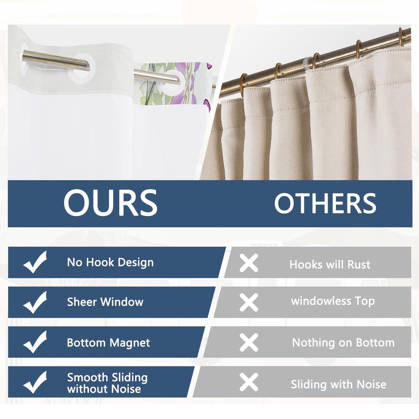NAEMBCU No Hook Shower Curtain with Snap in Liner 71x74 Inch