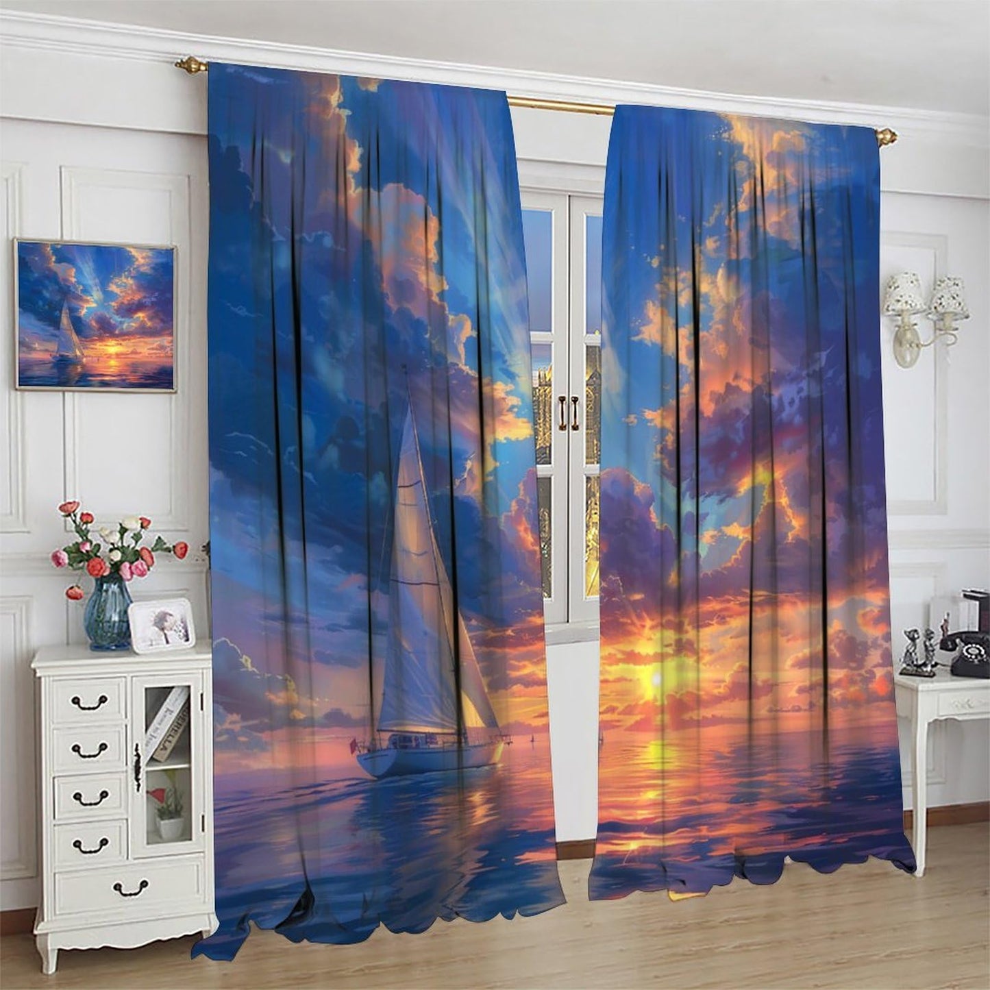 TOWINSFB Ocean Sunset Scenery Blackout Curtains for Living Room Bedroom, Retro Rustic Nature Nautical Sailboat Window Curtains Rod Pocket Thermal Insulated Window Drapes, 2 Panels, Each 21W x 45L