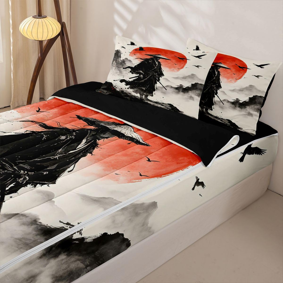 Feelyou Japanese Anime Zipper Bedding Full Samurai Zipper Bedding Sets for Kids Boys Girls Black Red Comforter Set with Fitted Sheet and 2 Pillowcases Bedroom Decor