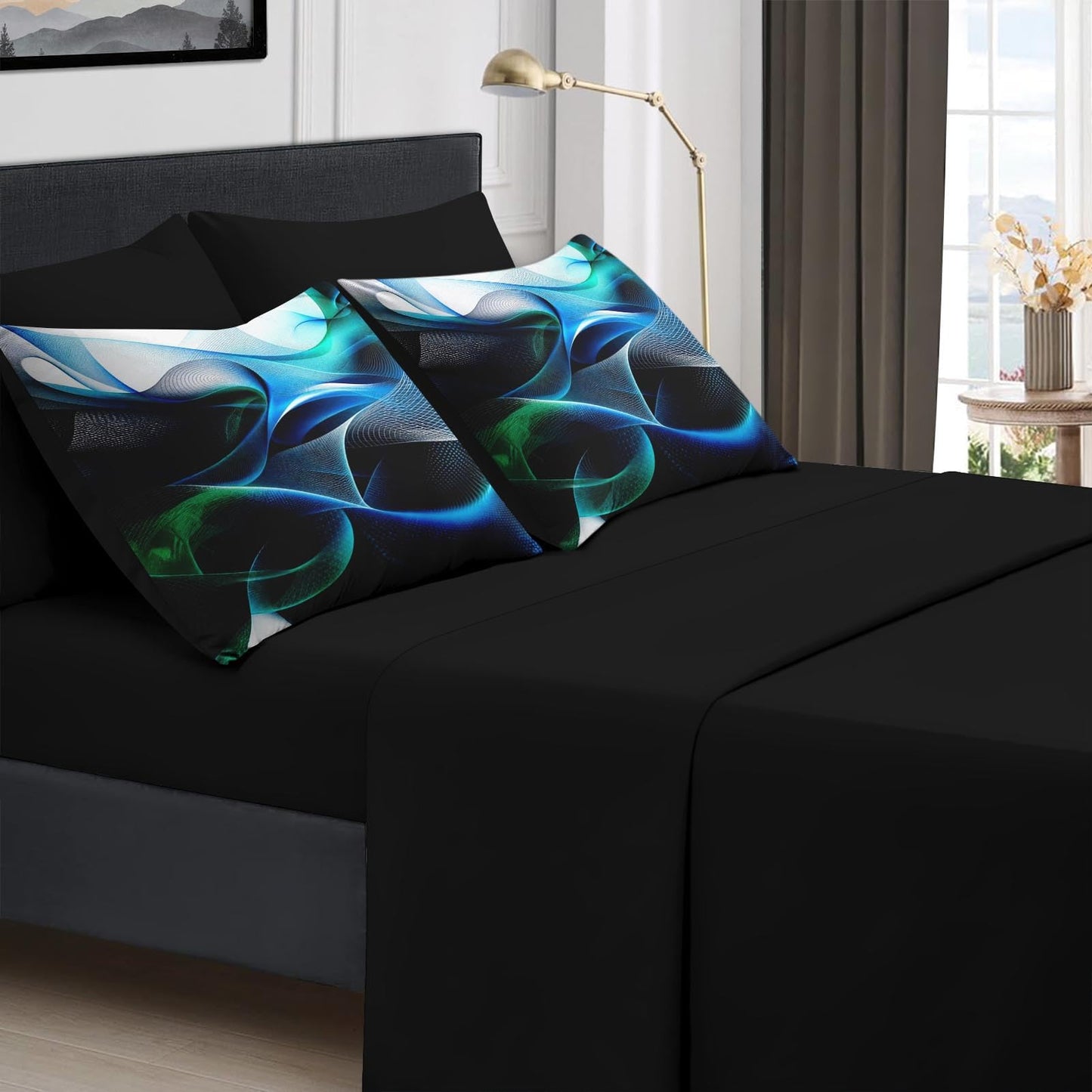 Boewywh Comforter Set Twin Size Abstract Blue Modern 7 Pcs, Bedding for Kids and Adults, Green Geometric Bed Sheet Sets with Fitted Sheet 2 Pillowcases & 2 Shams for Bedroom Bed Decor
