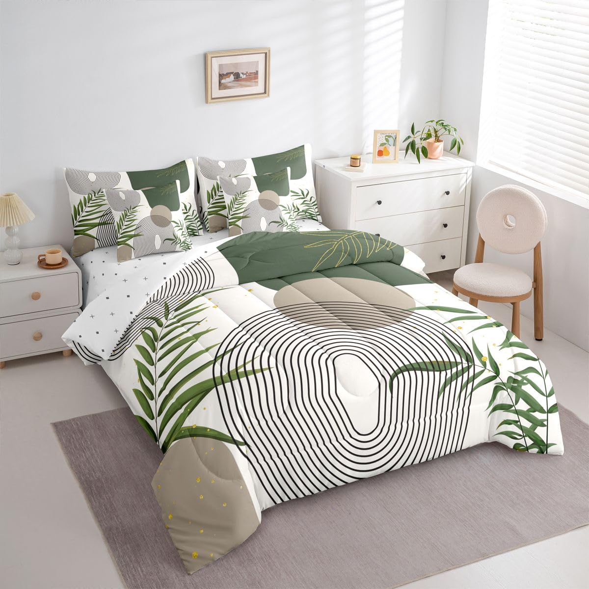 Erosebridal Boho Mid Century King Size 7 Pcs Bedding Set, Abstract Geometric Comforter Set with Sheets, Modern Bohemian Minimalist Bed Sets, Grey Green Circle Contemporary Chic Bed in A Bag