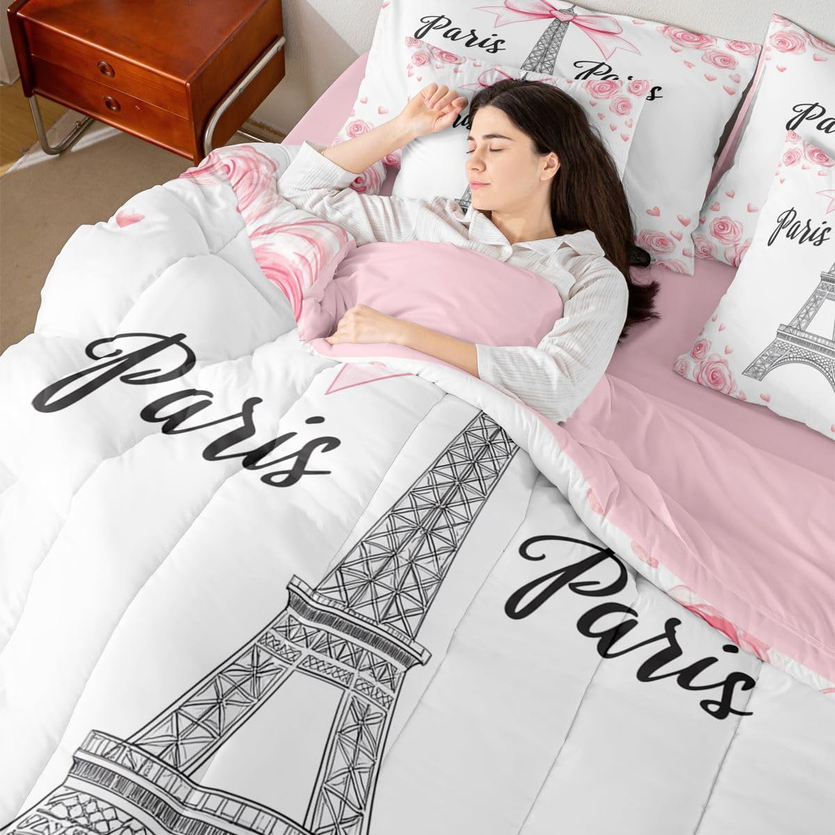 Erosebridal Eiffel Tower 7 Pcs Bedding Set Twin Kawaii Pink Bowknot Comforter Set with Sheets Rose Bed in A Bag Romantic Ribbon Bow Kids Girls Bedroom Decor