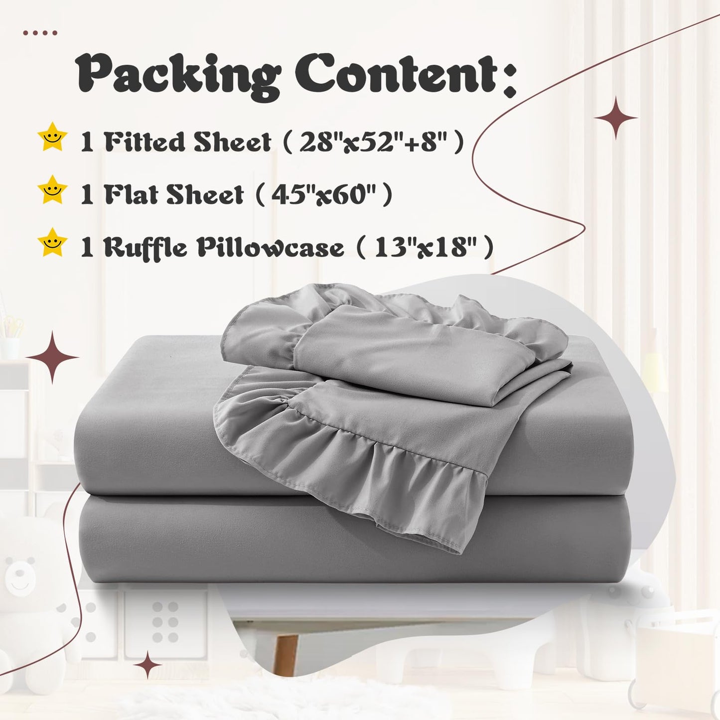KKJIAF 3 Piece Toddler Sheet Set Microfiber, Includes a Flat Sheet, a Fitted Sheet and a Ruffle Pillowcase, Grey