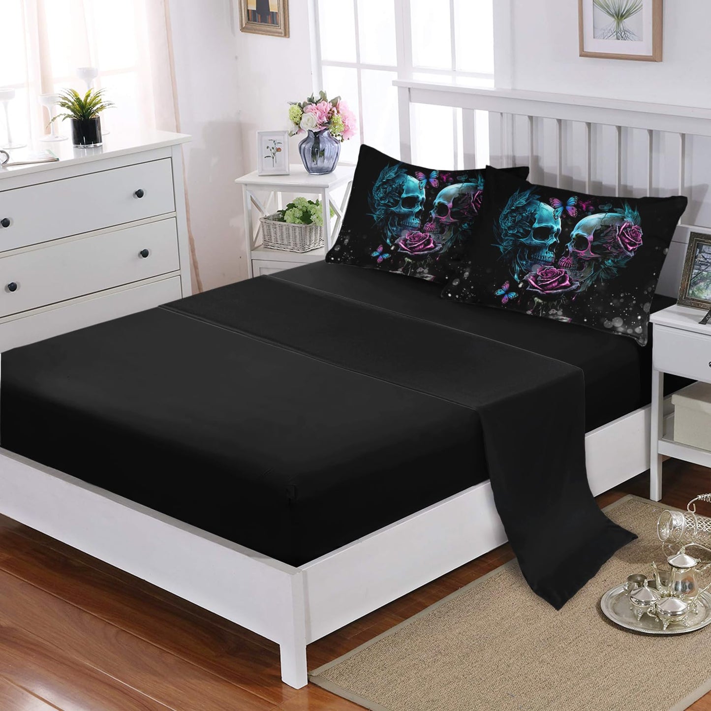AILONEN Sugar Skull Comforter Set Twin Size,7-Piece Soft Bed in a Bag,Rose Skull Couple Black Comforter & Fitted Sheet & Flat Sheet & 2 Pillowcases,2 Pillow Shams for Bedroom