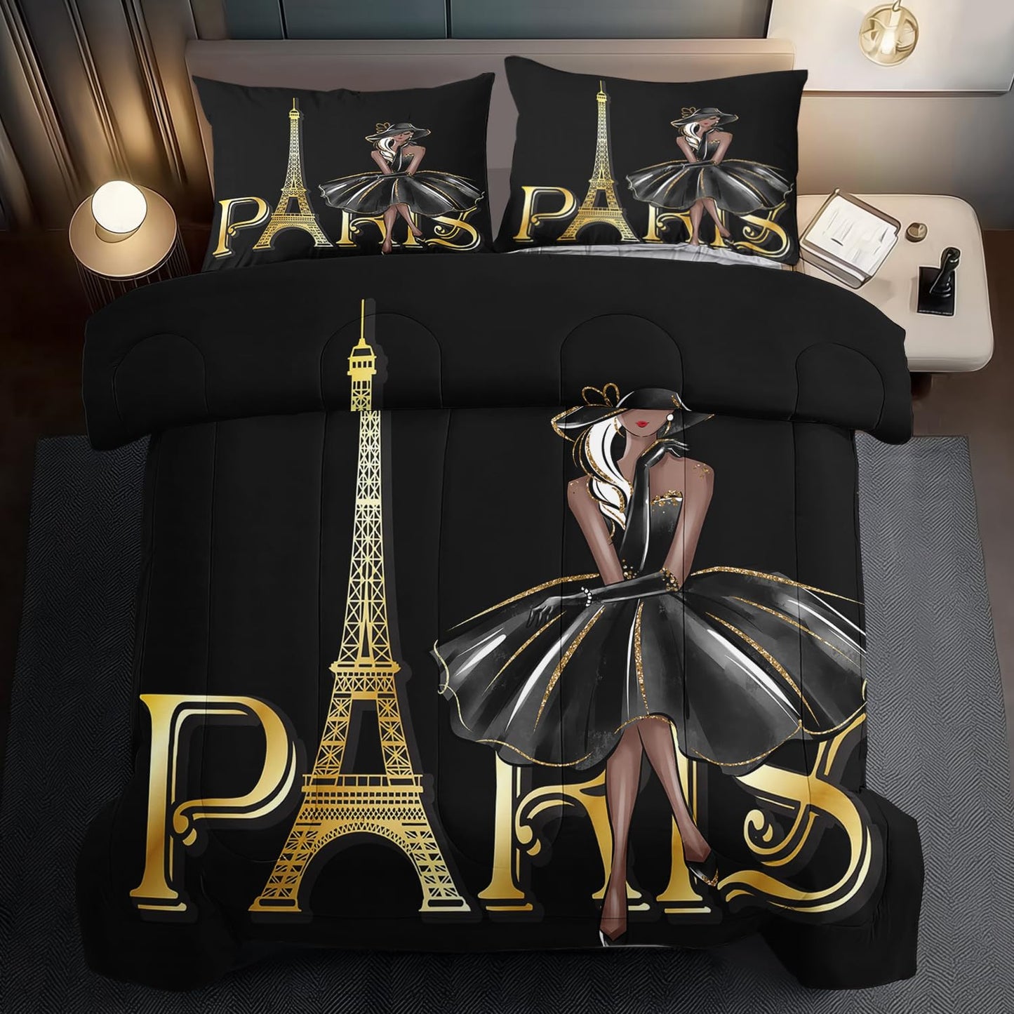 llyxsesty Paris Comforter Set Queen Fashion Girl Comforter for Couple Paris Bedding Set Girls Gold Eiffel Tower Bedding Women Boho Quilt Fashion Aesthetic Room Decor Elegant Home Decor