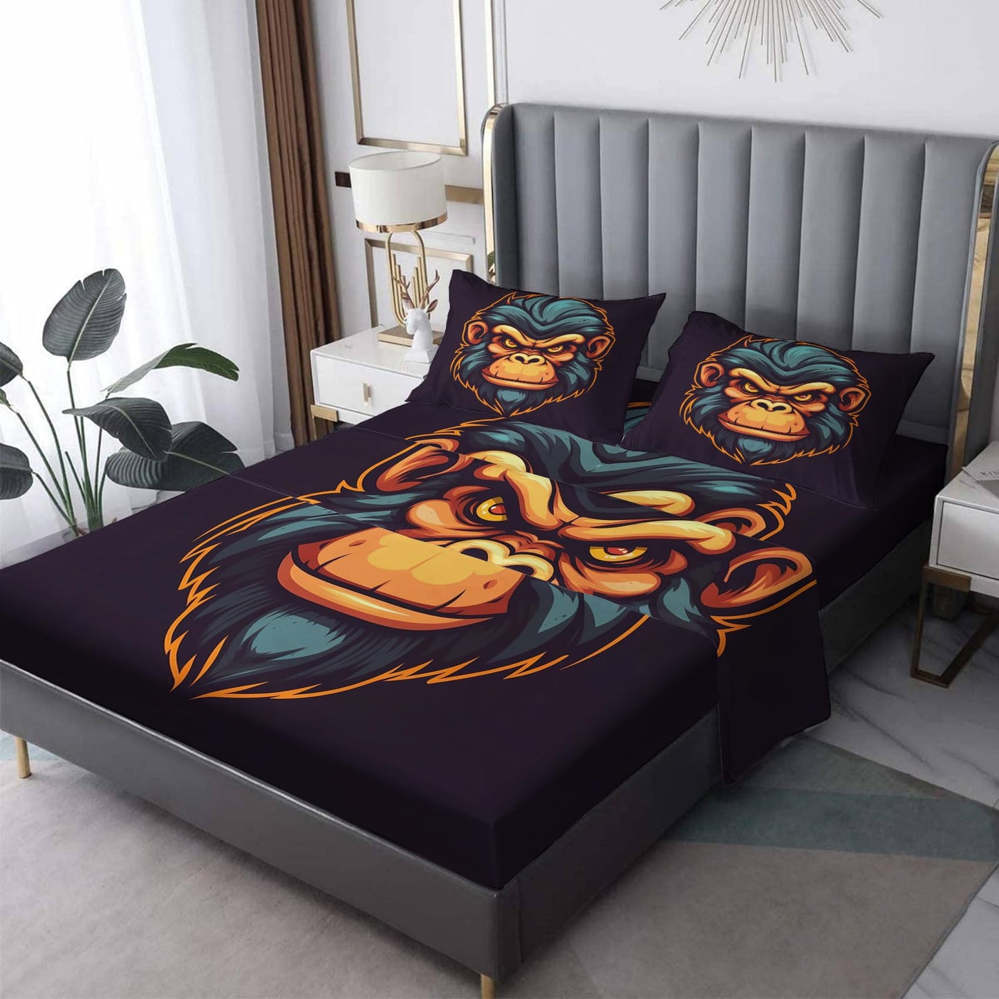 Chimpanzee Sheets King Size, Gorilla Bed Sheets, Patterned Bedding Sheets & Pillowcases 4 Piece Set - Soft Microfiber Deep Pocket Fitted Sheet & Flat Sheet & 2 Pillow Cases J9-&-193