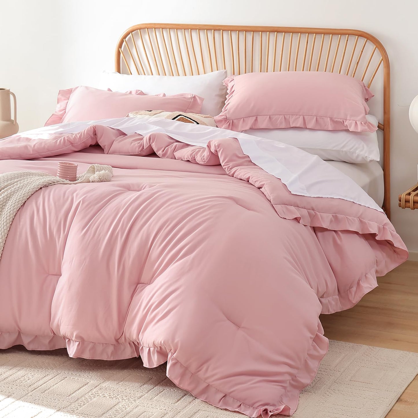 JANZAA Baby Pink Comforter Set Queen – Soft Microfiber, Lightweight All Season Bedding, Ruffle Shabby Chic Aesthetic, Breathable Cozy Bed Set with 2 Pillow Shams, Machine Washable