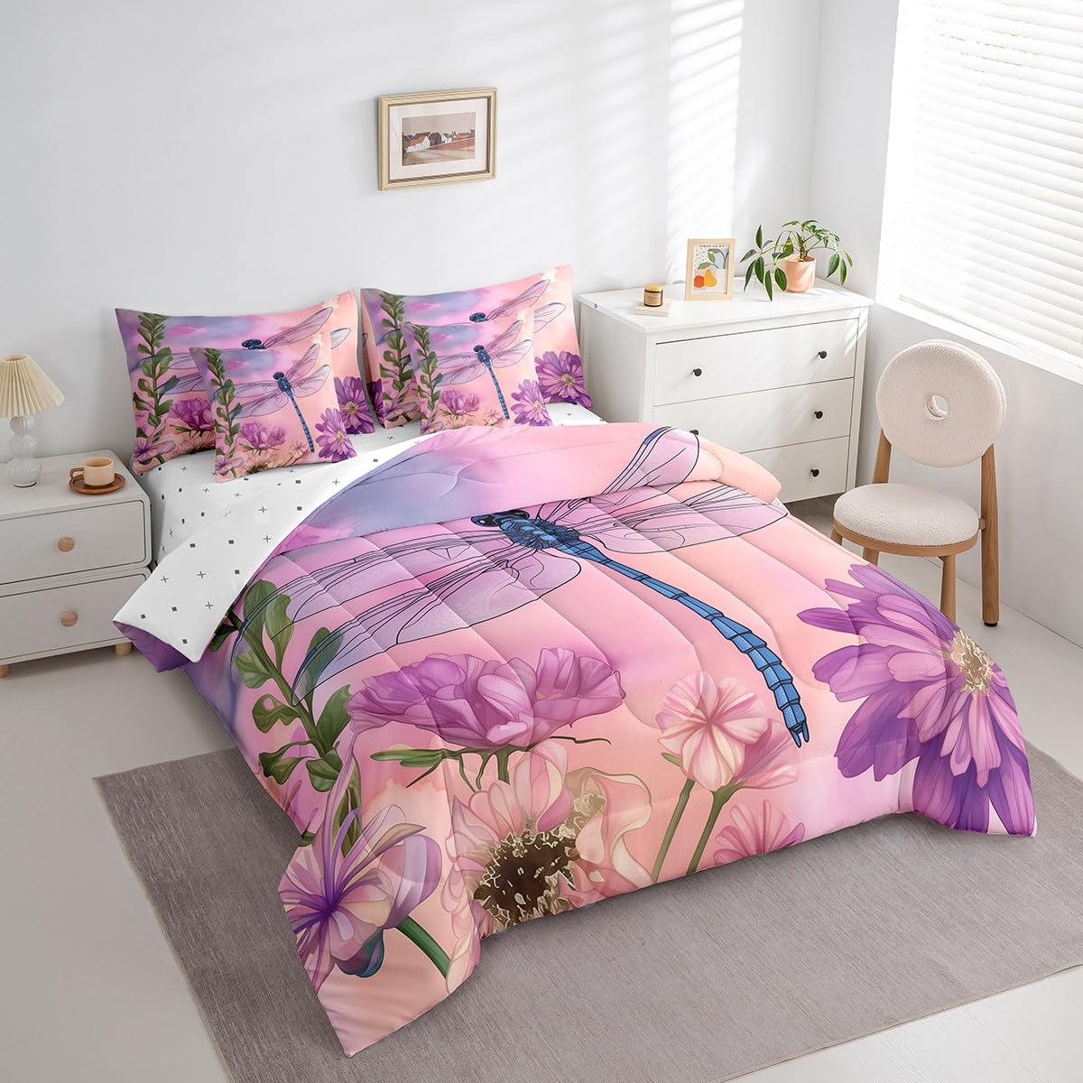 Erosebridal Dragonfly Full Size Bed Sheets and Comforter Set,Flowers 7 Piece Bedding Set Purple Tie Dye Dragonflies Bed in a Bag,Garden Rustic Aesthetic Animal Farmhouse Decor Bed Sets