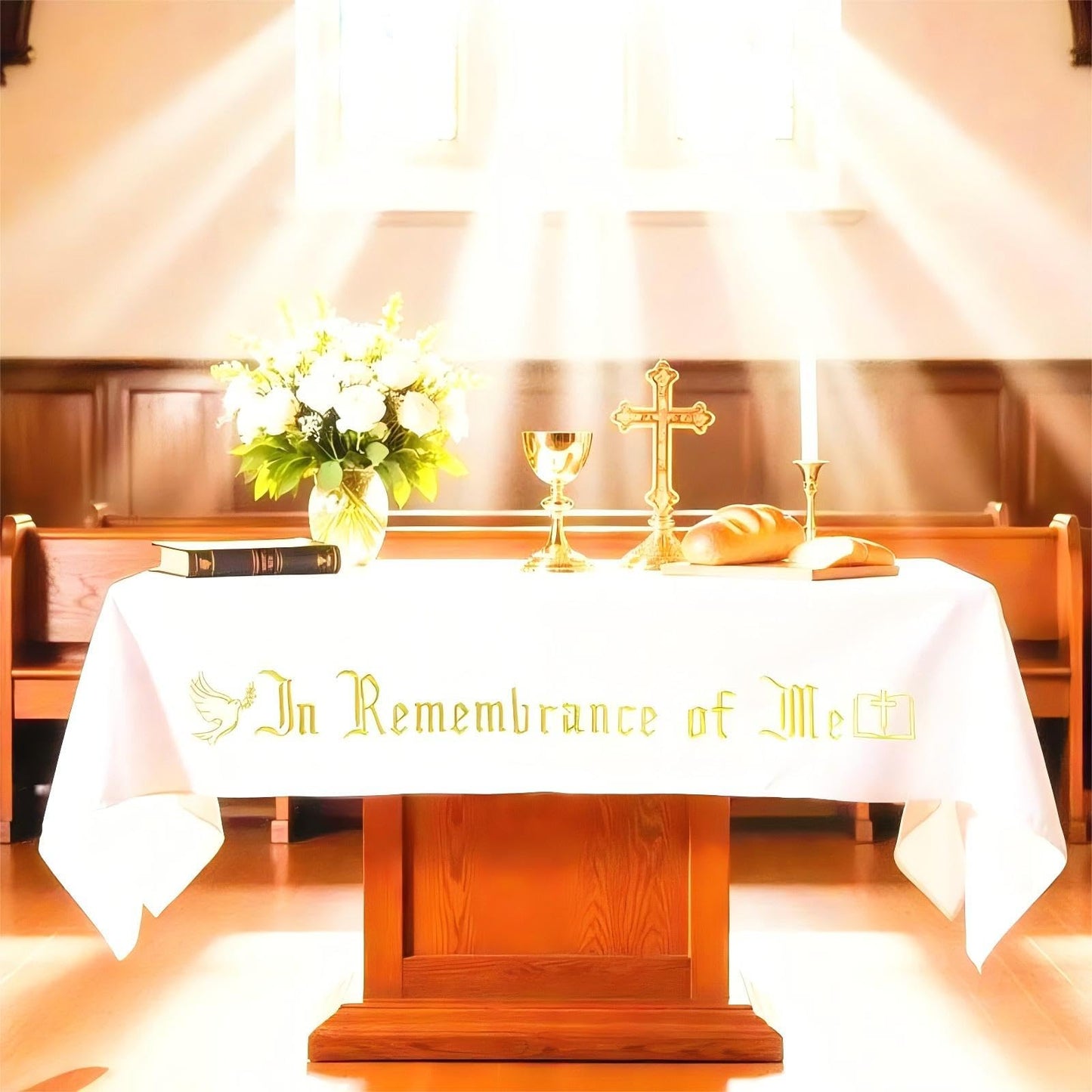 Large In Remembrance of Me Gold Thread Embroidery Altar Frontal Holy Communion Table Cloth Cover 96x52Inch White Rectangle Communion Table Cloth for Church for Gatherings Baptism Ceremonies(Gold)