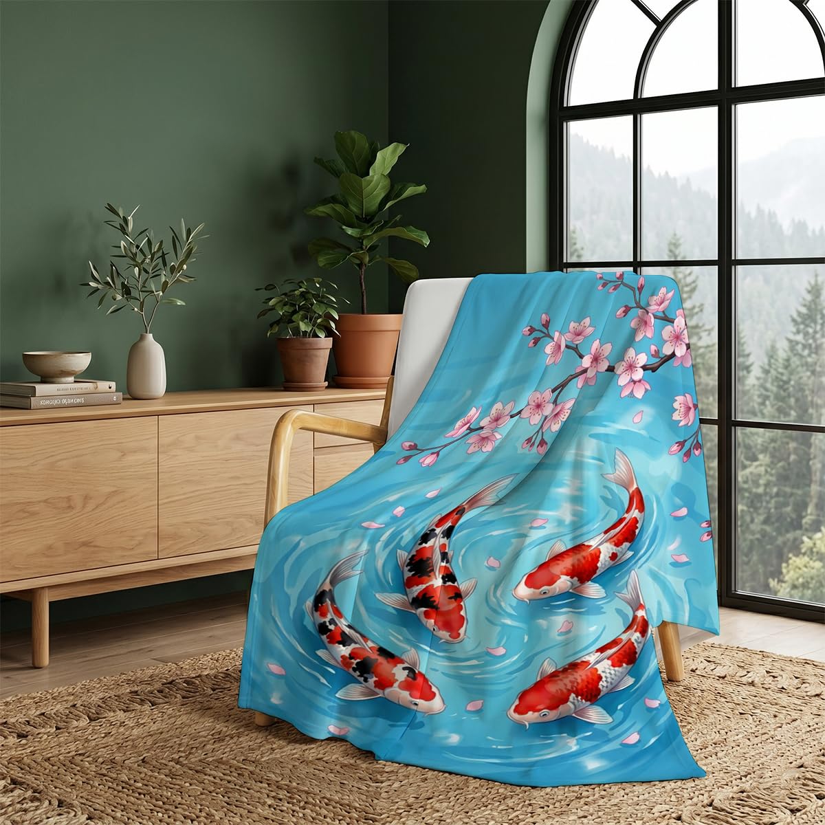 Yujiiso Koi Fish Cherry Blossom Blanket Soft Flannel Fleece Throw 50" x 60"