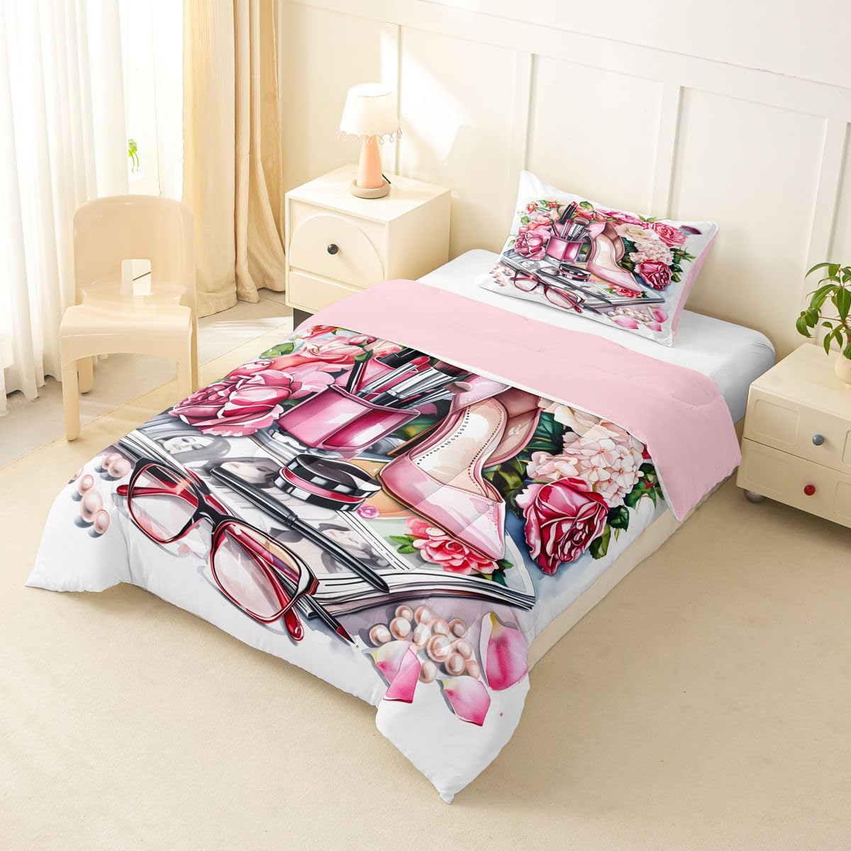 Erosebridal Pink High Heel Comforter Set Romantic Rose Floral Twin Bedding Sets for Girls Young Boys Beauty Perfume Girly Comforter Modern Fashion Quilt