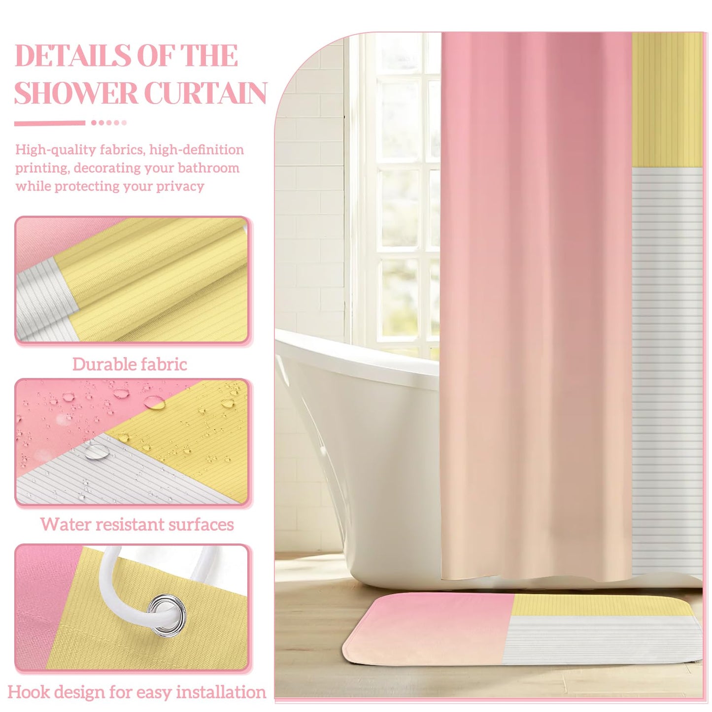 4 Pcs Pink Yellow Beige Bathroom Sets with Shower Curtain Set and Non-Slip Rugs for Bathroom, Modern Bathroom Shower Curtain Sets with Rugs and Accessories