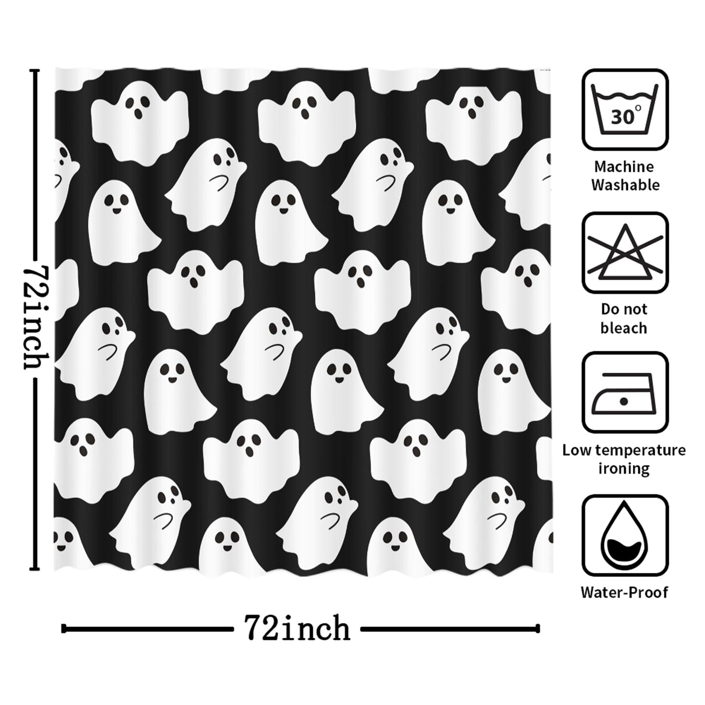 MEHOFOND Halloween Ghost Shower Curtain Cute Funny Cartoon Ghosts Bathroom Curtain Kids Black and White Spooky Skeleton Home Bathtub Decor Fabric Waterproof Bath Curtain with 12 Hooks 72x72 Inch