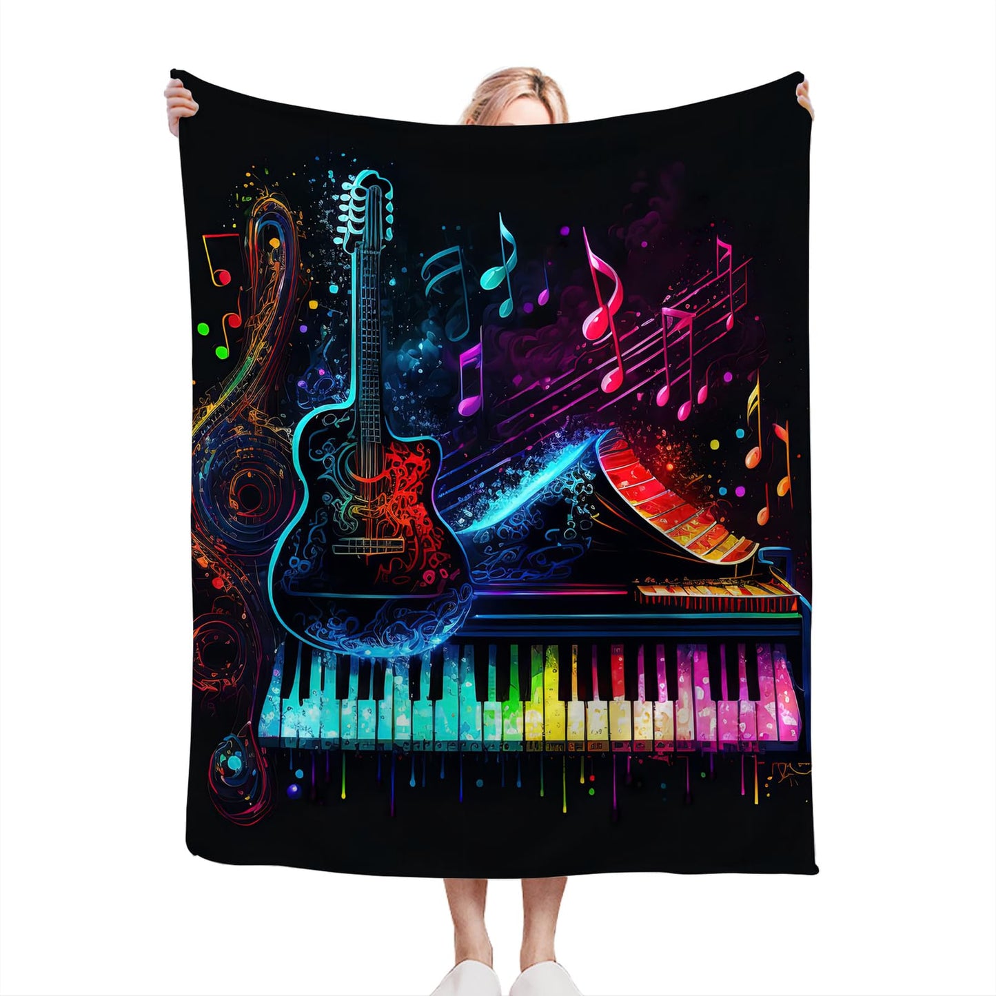 Colorful Guitar Blanket Ultra Soft Cozy Music Note Piano Throw Blanket Fleece Fuzzy Plush Bedding Rock Musical Instrument Gifts for Women Girls Kids Adults 50"x40"