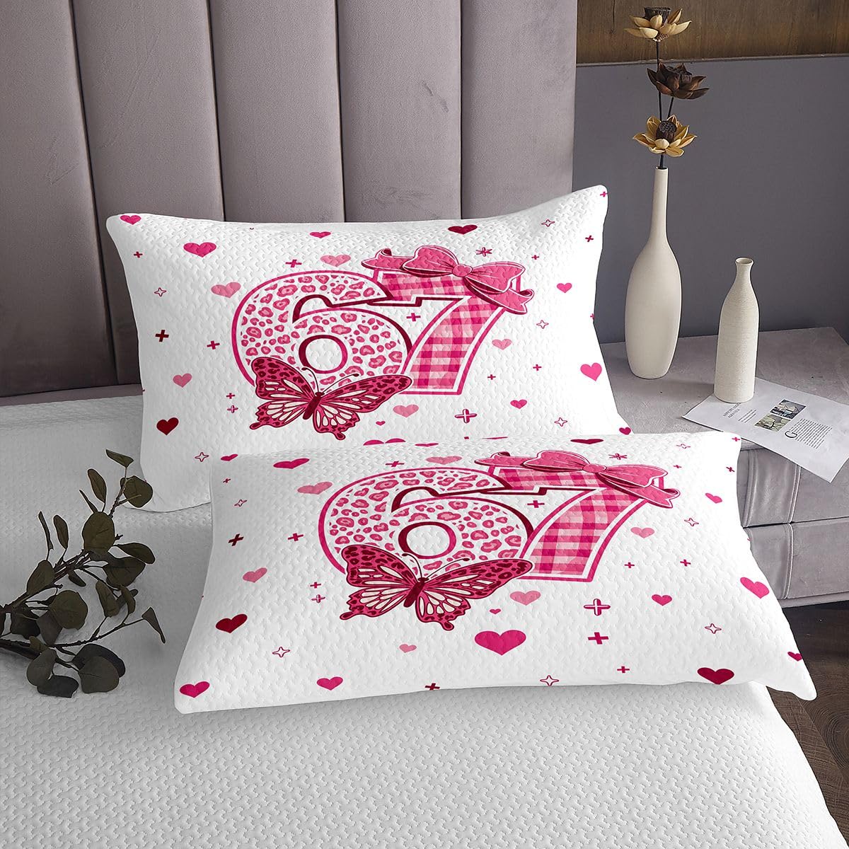 jejeloiu 6 7 Bedspread Quilts Leopard Print Coverlet Set King Size for Kids Boys Girls Pink Bow Quilted Coverlet for All Season with 2 Pillowcases Butterfly Microfiber Kawaii