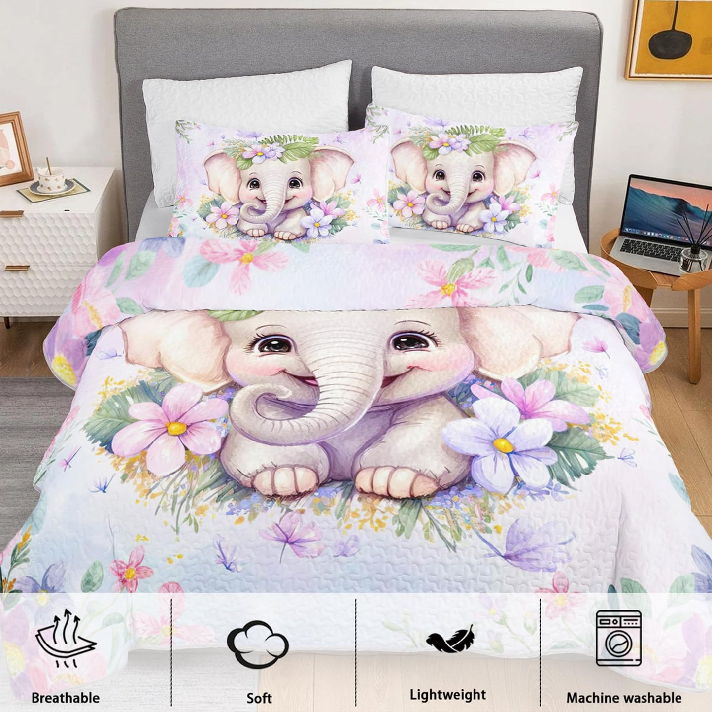 XYNHML Elephant Flowers Quilts Bedding Twin 3Pcs Wild Animals Pink Purple Kawaii Butterfly Quilt Bed Set Lightweight Soft Bedspreads Coverlet with 2 Pillowcases for Kid Boy Girl Teen Adult Bed Decor