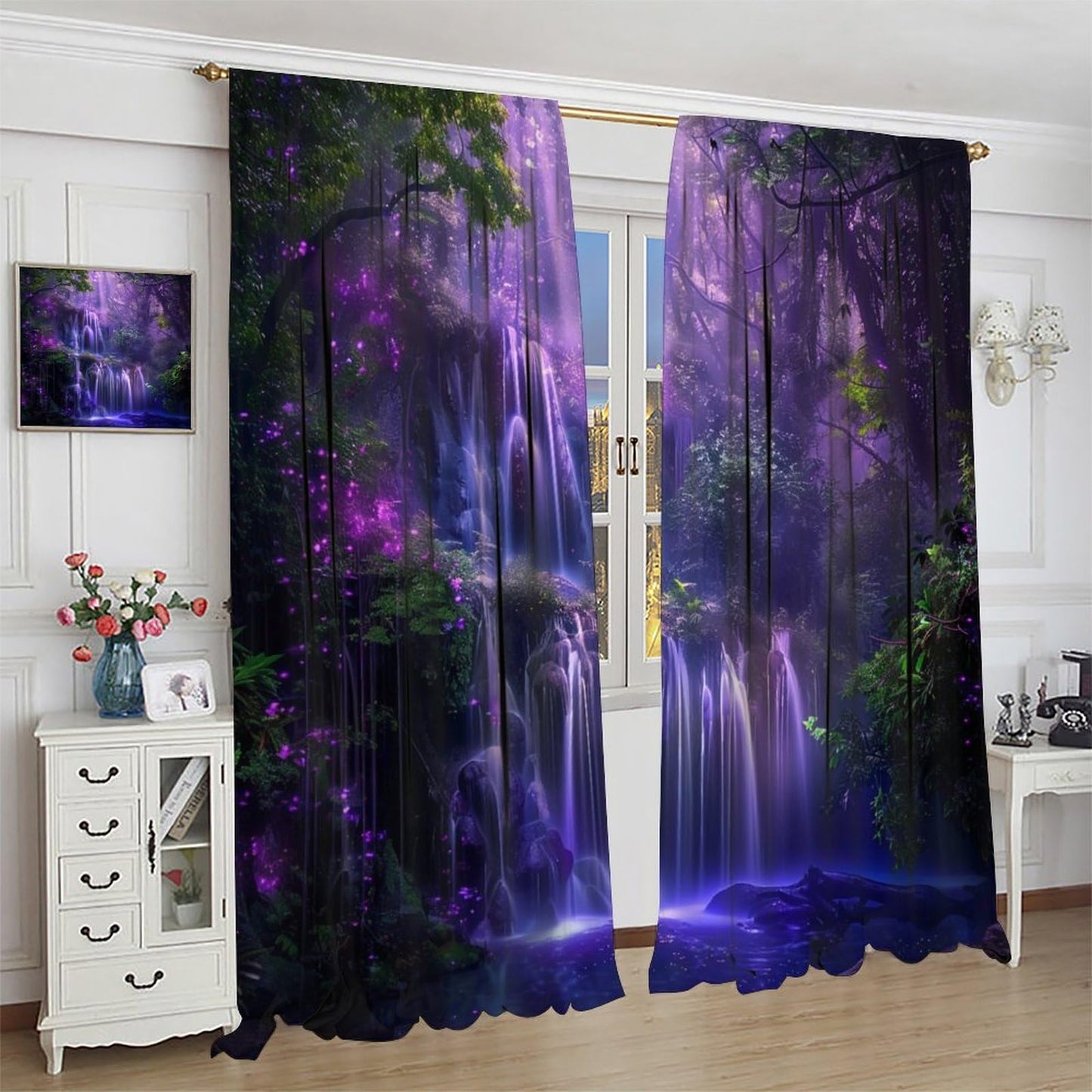 HZOHNAGO Enchanted Forest Curtains Fantasy Nature Purple Forests Waterfall Blackout Print Rod Pocket Window Drapes for Bedroom Living Room 42x45in
